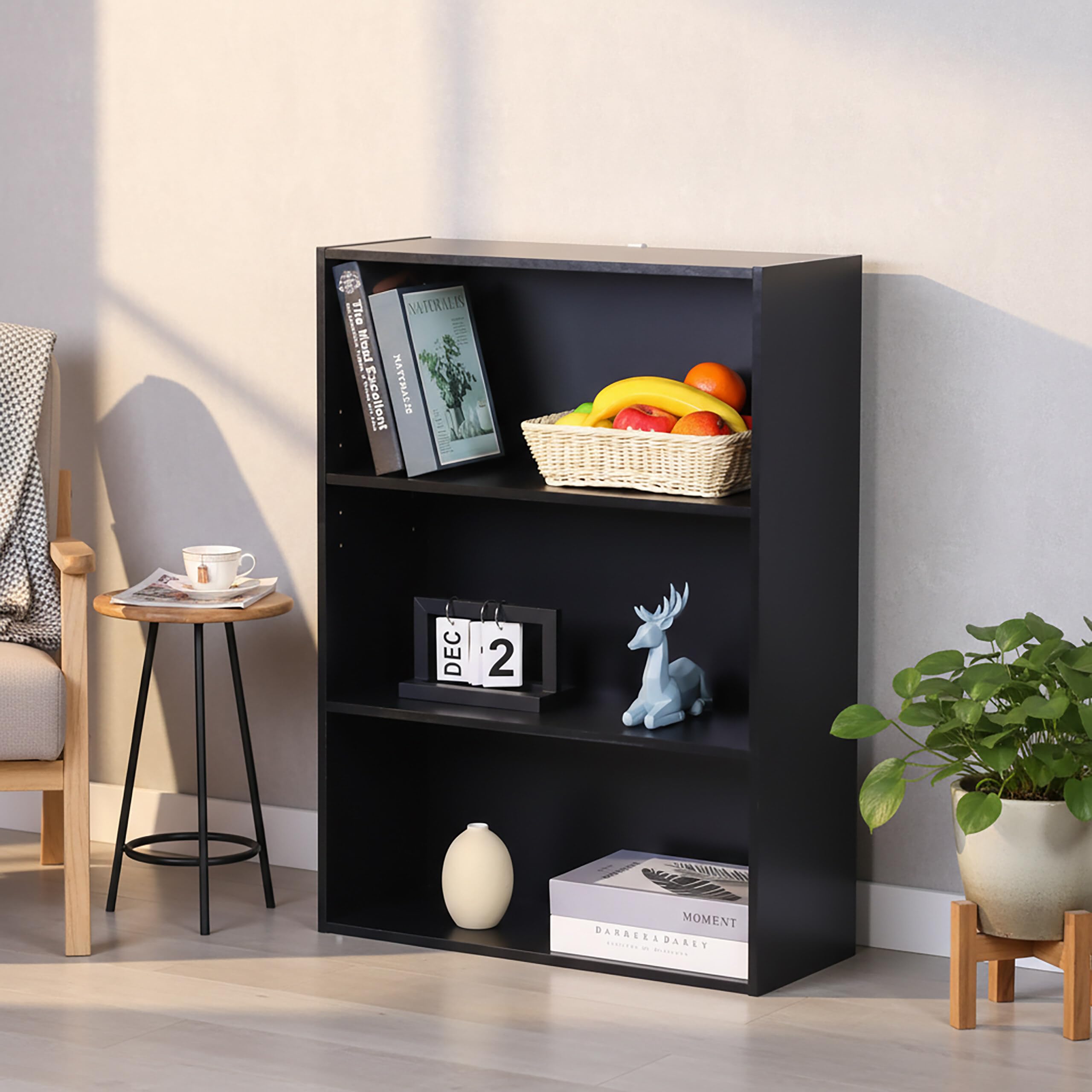 Relaxdays Libreria, HxLxP: 82 x 60 x 24 cm, 3 scomparti, ripiani regolabili, scaffale da soggiorno, nero