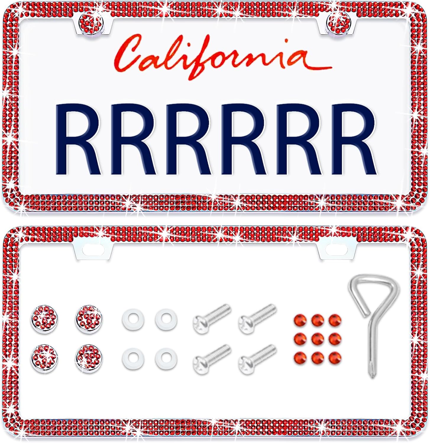 Bling License Plate Frames for Women, 2pcs Rhinestone License Plate Frames with Screws Kits,Sparkly Handmade Glitter Crystal Diamond Stainless Steel Car License Plate Holder(Red)