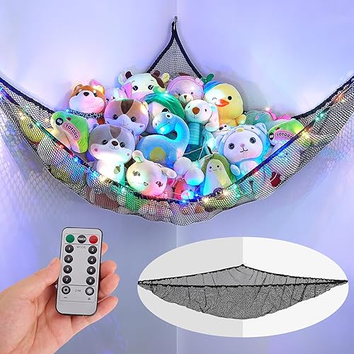 Unicorn Castle Hamaca de red para animales de peluche, almacenamiento de juguetes para niños con luz LED, organizador de juguetes de felpa para