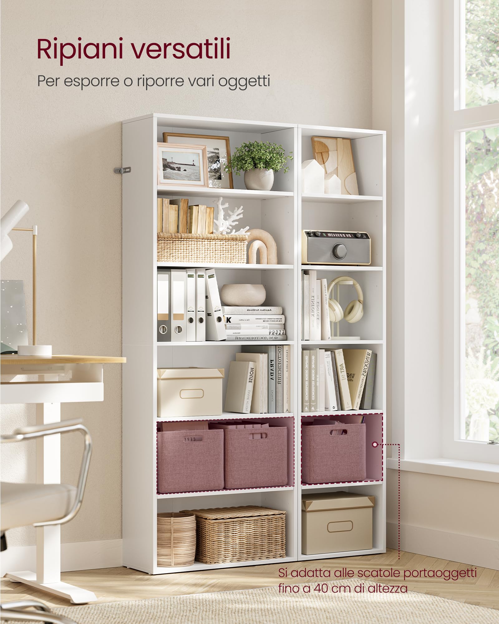 VASAGLE Libreria, Scaffale Libreria a 6 Ripiani, Scaffale Portaoggetti Aperto, 24 x 40 x 178,5 cm, per Soggiorno Studio Sala da Pranzo, Bianco Nuvola LBC167T14