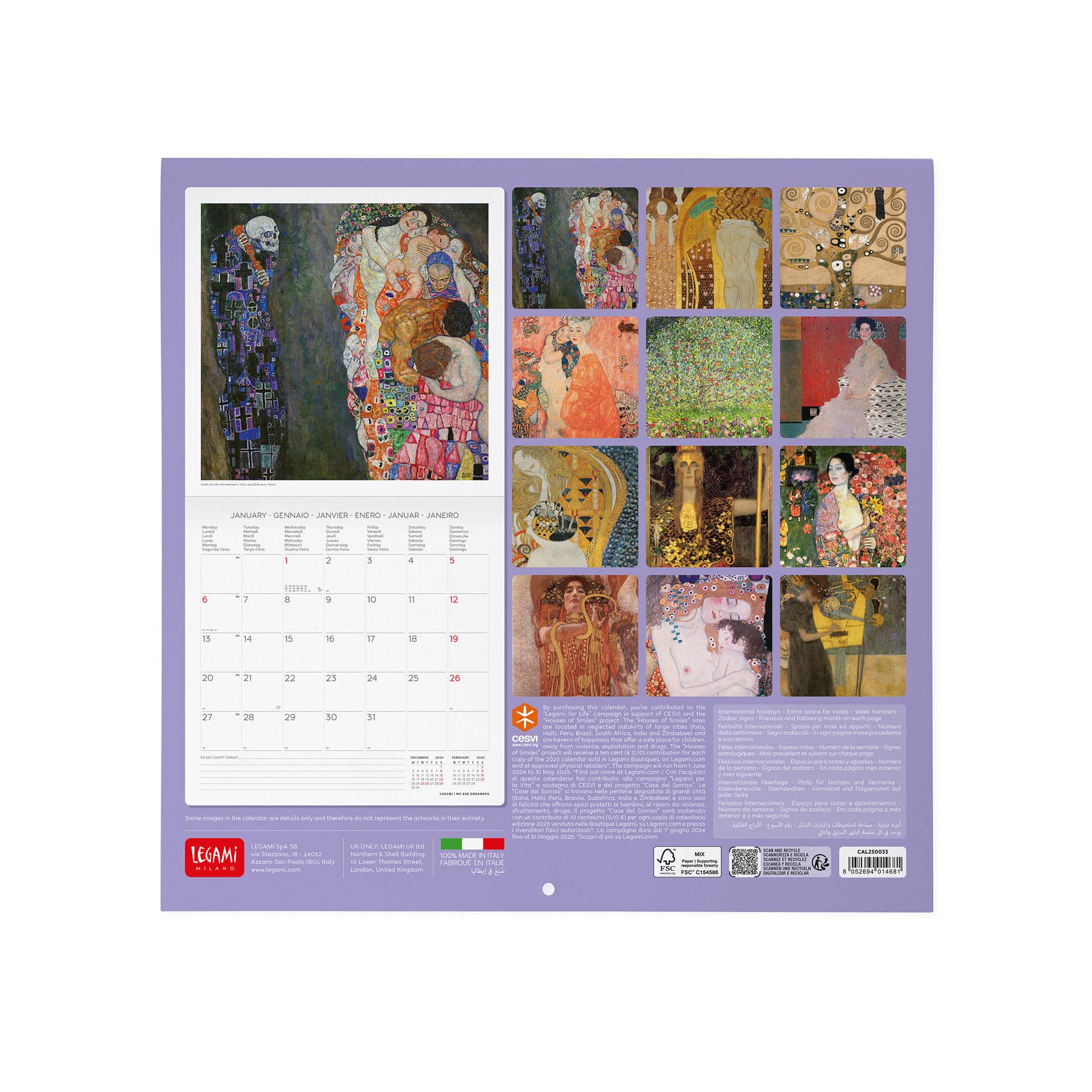 Calendario Da Parete 2025 Legami - 30x29cm, Opere Egon Schiele, 12 Mesi Multilingue, Spazio Appunti