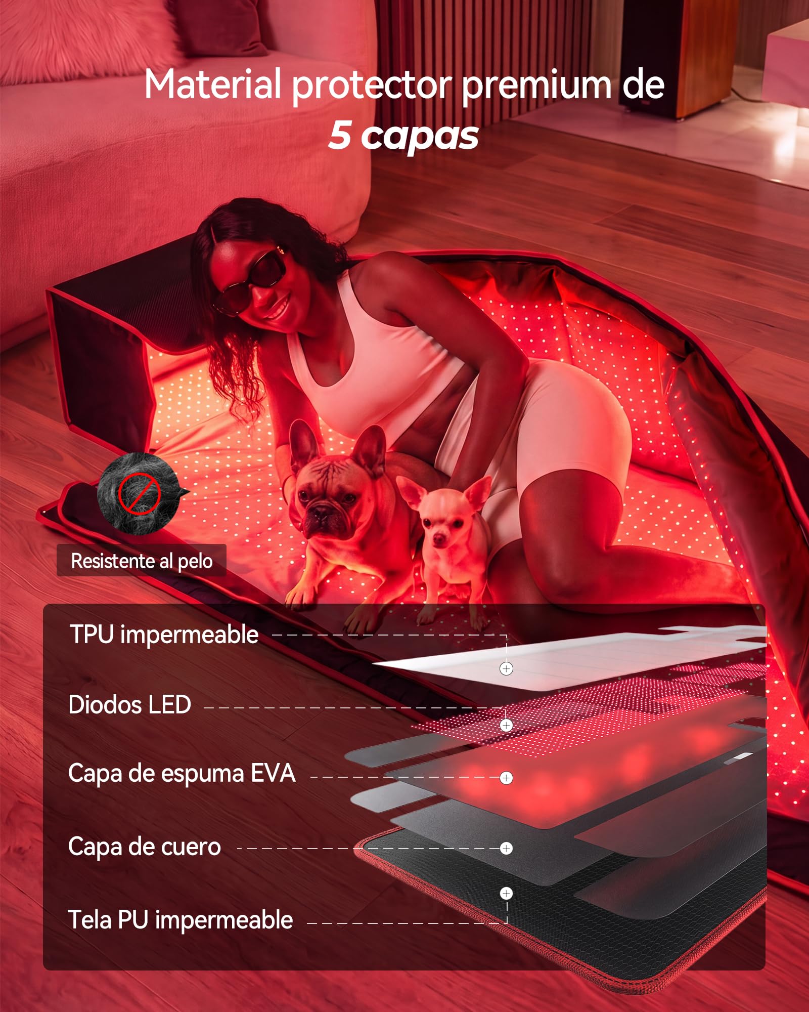 FLIKEZE Alfombra bienestar luz roja cuerpo y rostro 3034 LEDs 660nm/850nm | Alfombra de bienestar con luz roja, pulsaciones y temporizador regulable, apta para personas y mascotas domésticas