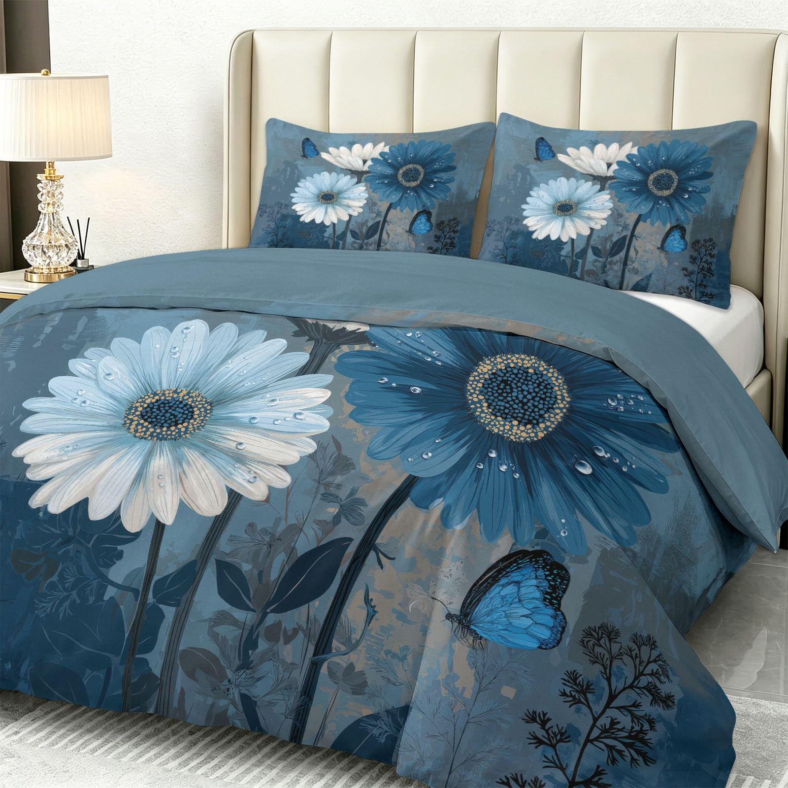 Biancheria da letto moderna in microfibra, 155 x 220 cm, motivo floreale e margherite, reversibile, traspirante, utilizzabile tutto l'anno, con 2 federe da 80 x 80 cm
