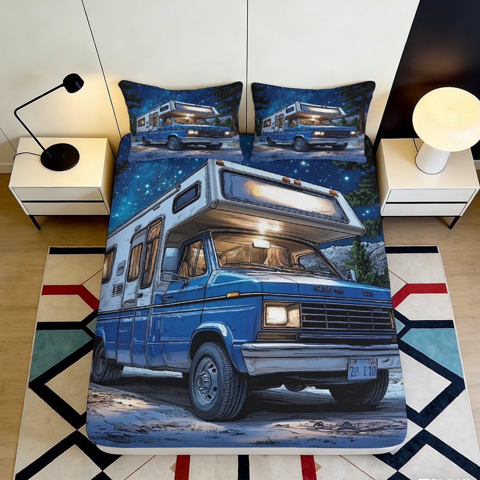 3D Printed Camper Van Fitted Sheet Microfiber Deep Pocket Non-Slip Bedroom Bedding Camper Style Mattress Fitted Cover Washable 140x200x25cm