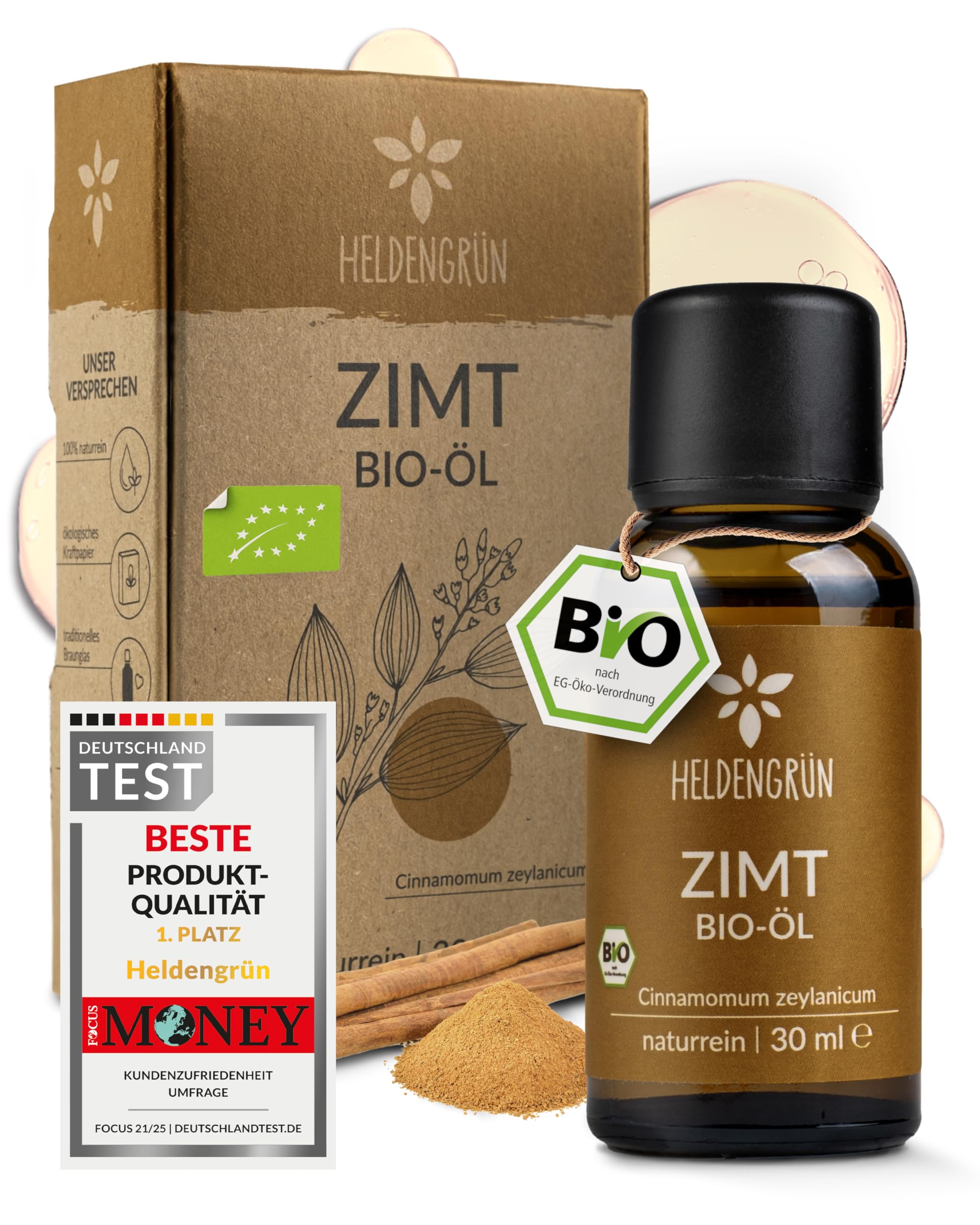 Heldengrün® BIO Zimtöl [100% NATURREIN] Zertifiziertes Lebensmittel zum Einnehmen - Echtes Zimtöl ätherisch - Zimt Öl - Cinnamon Essential Oil