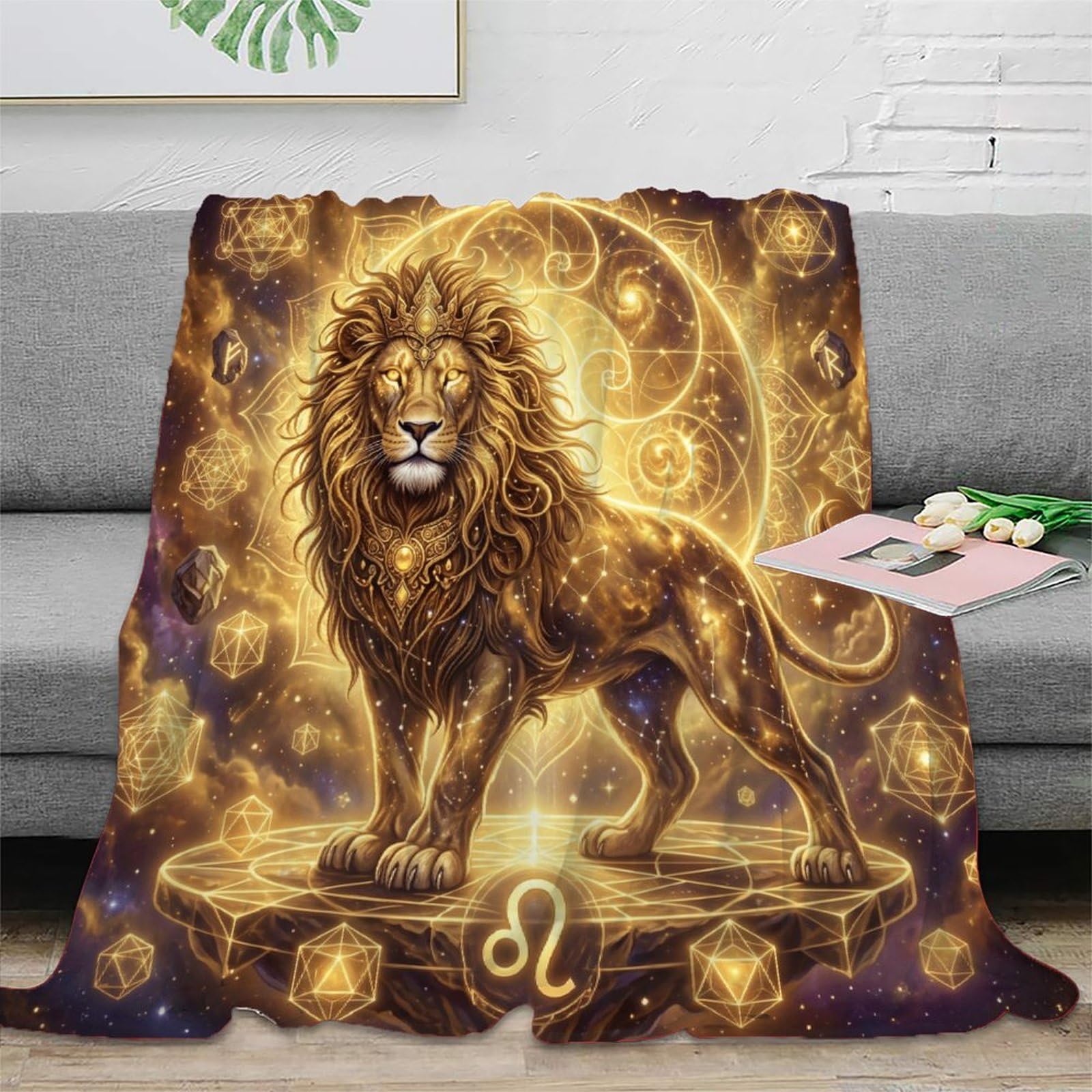 Leo Zodiac Golden Lion for Flannel Throw Blanket, Bedroom Nap Use