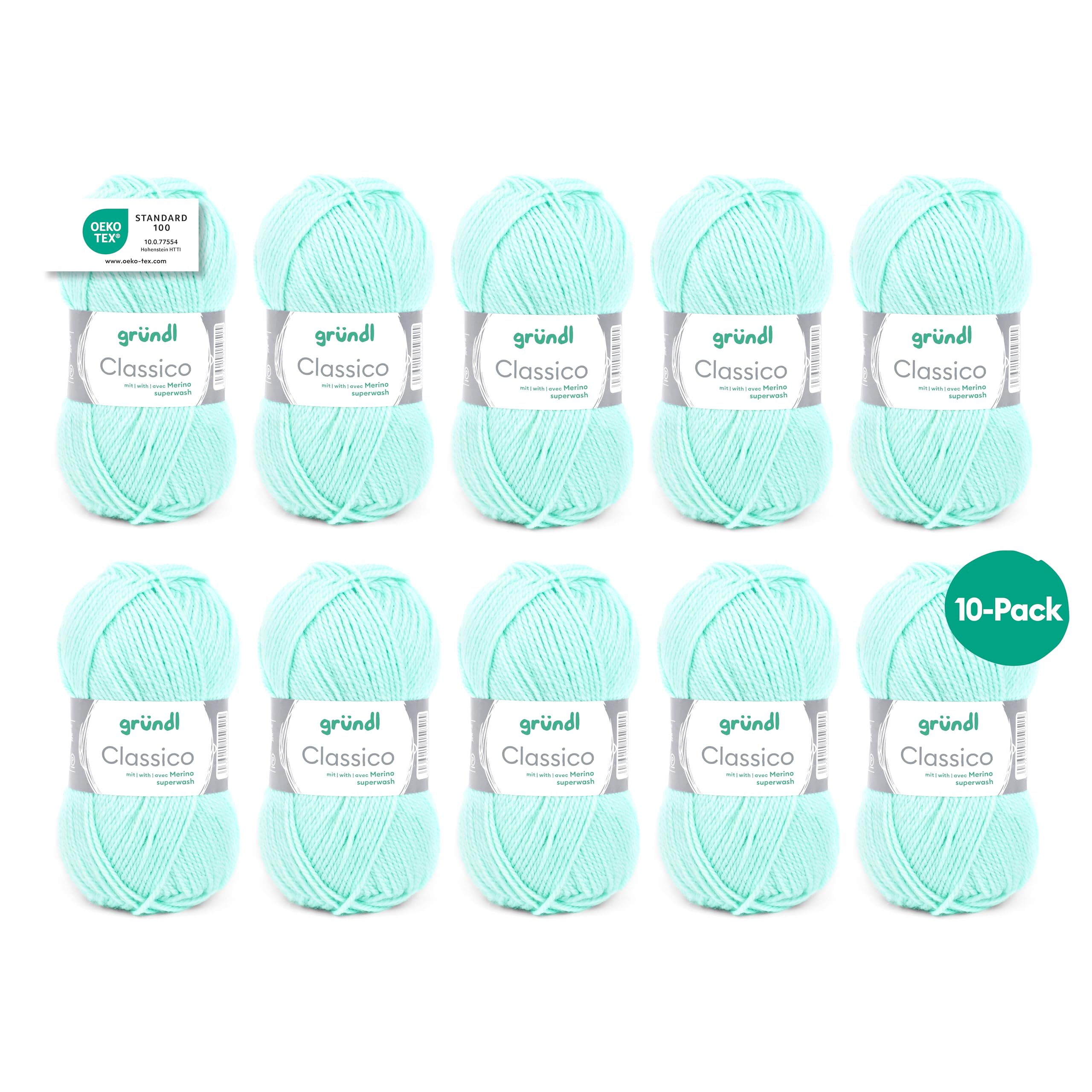 Gründl Classico Lana gruesa 10 ovillos de 50 g, Menta | Lana gruesa para tejer y ganchillo - Hilo de punto suave y agradable para la piel - 50 % lana merino, 50 % poliacrílico