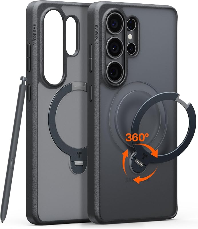 TORRAS Q3 Spin para Samsung Galaxy S26 Ultra Funda con Soporte Magnético 360 | Compatible con Magsafe, 4X funda para teléfono S26 Ultra de grado militar a prueba de golpes con soporte, negro esmerilado translúcido