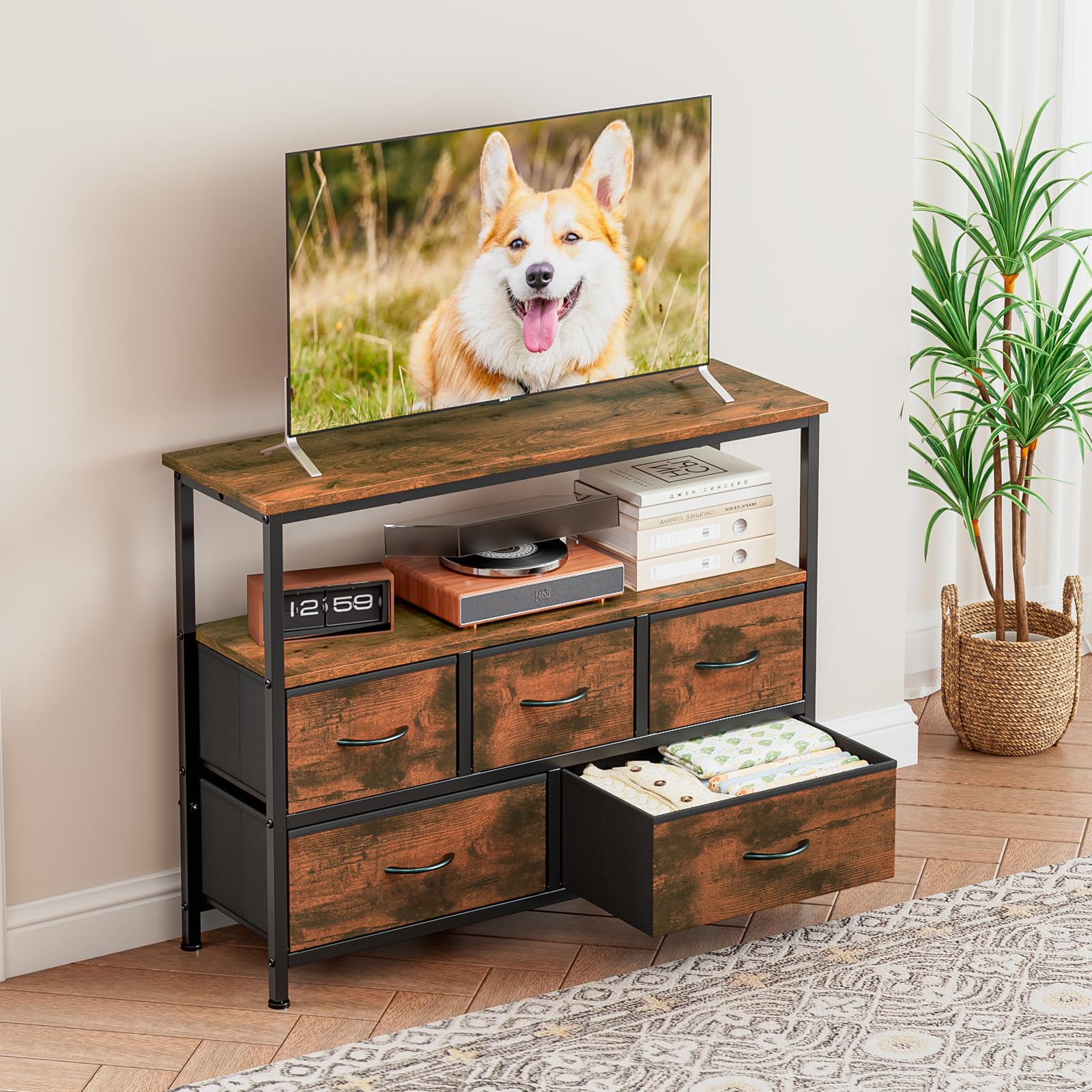 Mueble TV Alto con 5 Cajones, Soporte TV 45",Marrón | Mueble Televisión Compacto para Salón, Dormitorio o Espacios Pequeños con Estantes Abiertos y Almacenamiento