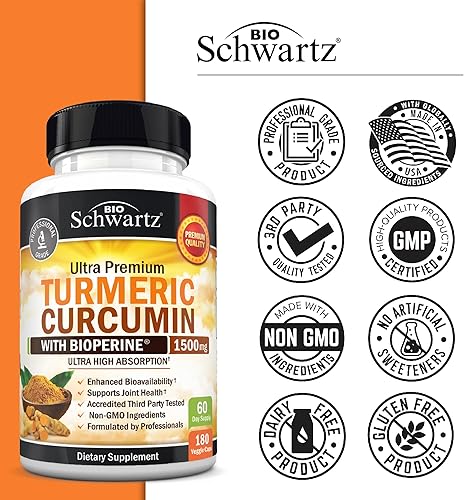 Vista 14 de Curcumina de cúrcuma con BioPerine 1500 mg - Apoyo inflamatorio saludable y articular natural con 95% de curcuminoides estandarizados para potencia