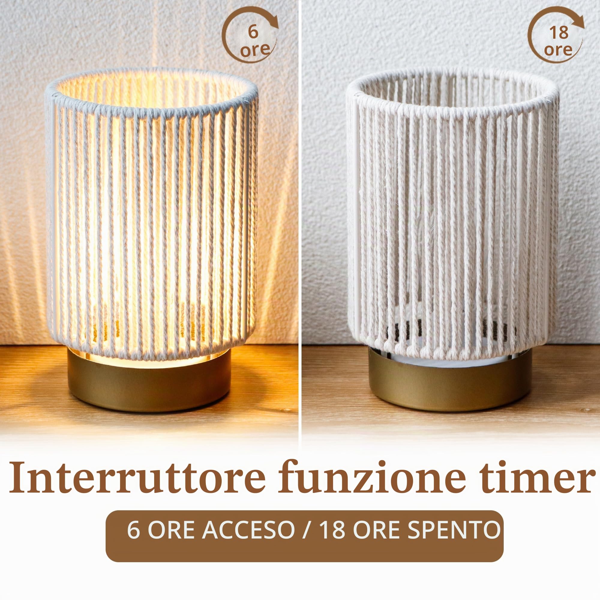 JHY DESIGN Set di 2 lampade da tavolo in corda di cotone intrecciato, altezza 17 cm, funzionamento a batteria, con timer di 6 ore accanto alle lanterne, ideale per soggiorno, camera da letto