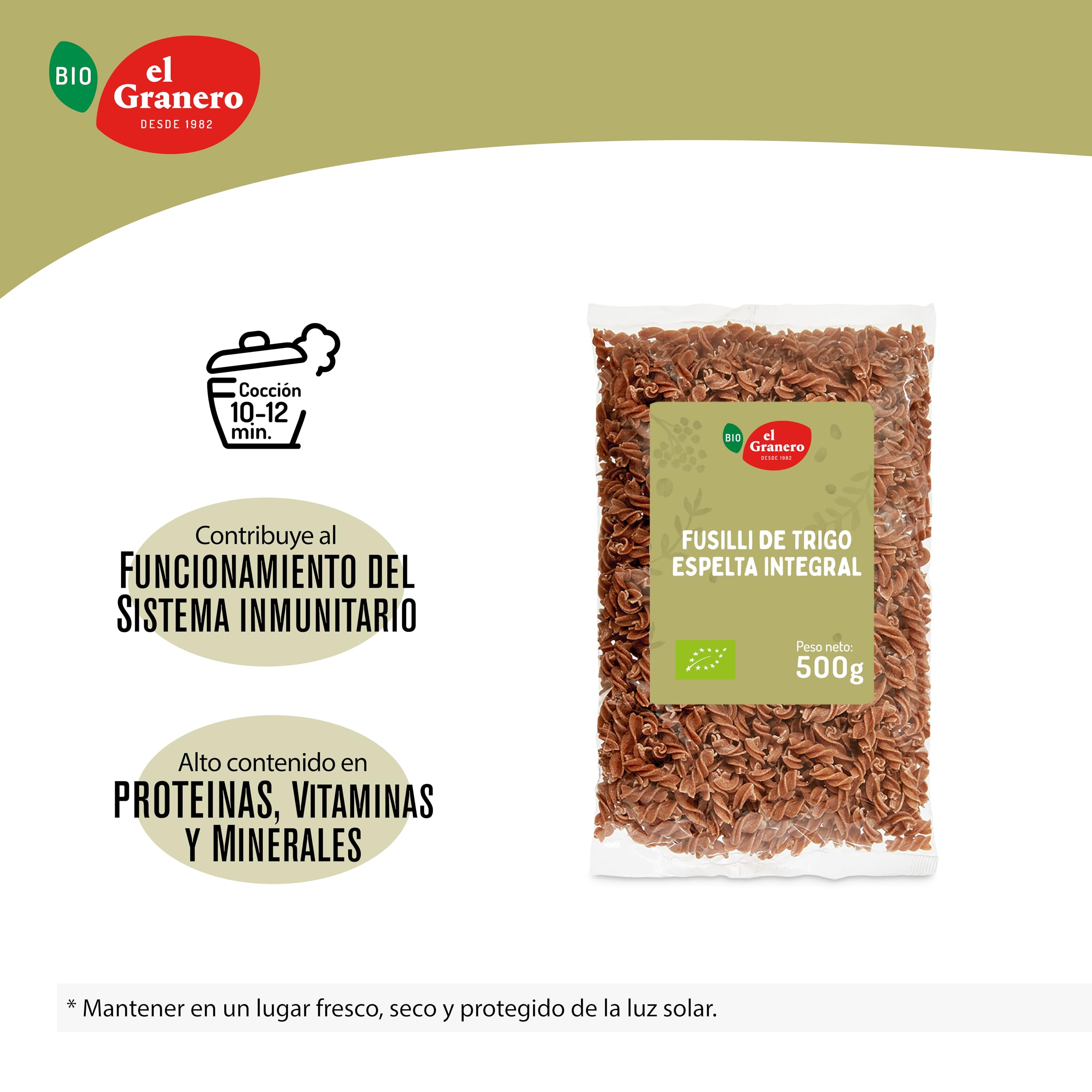 El Granero Integral - Fusilli de Trigo Espelta Integral BIO - 500 g - Fuente Rica en Proteínas - Alto Aporte Energético - Ideal para Todas las Recetas de Pasta - Apto para Veganos