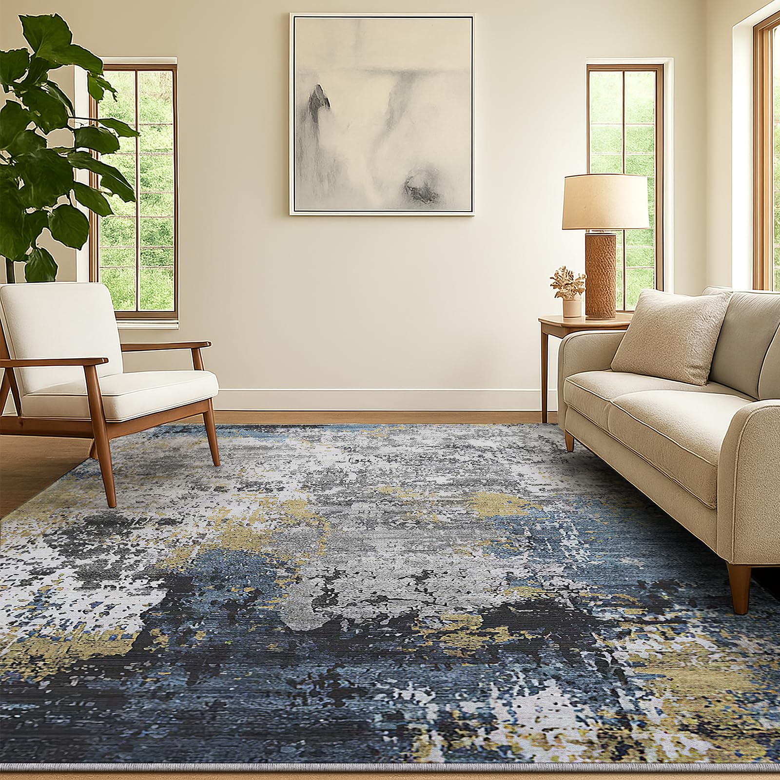 SOANNY Living Room Rug, 140x200 cm Modern Abstract Low Pile Area Carpet, Non-Slip Washable Mat for Bedroom, Hallway, Kitchen, Laundry, Entryway, Utility, Beside Sofa, Office, Blue Gold