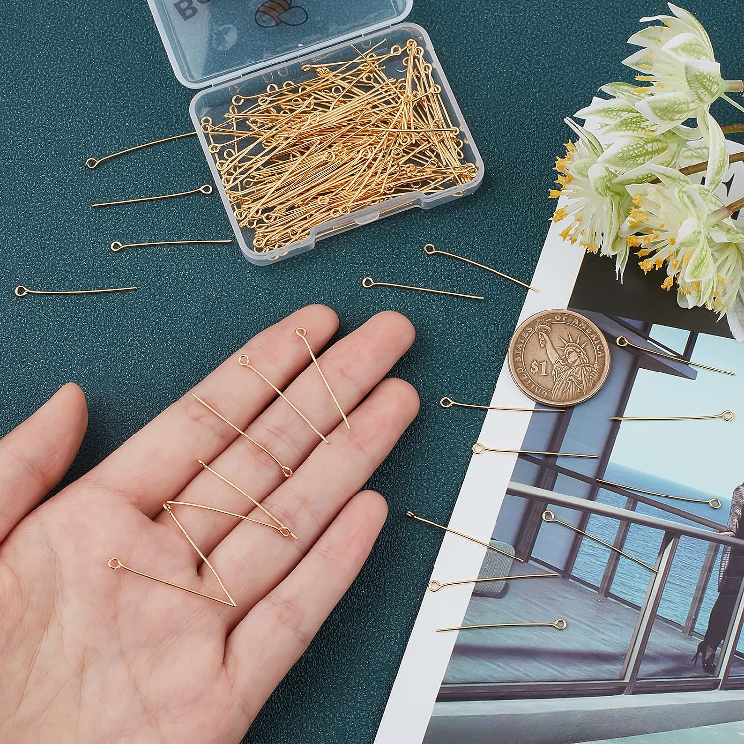 Beebeecraft 200Pcs/Box Jewelry Eye Pins 18K Gold Plated Brass Head Pins Findings Open Eye Pin for Charm Beads DIY Making