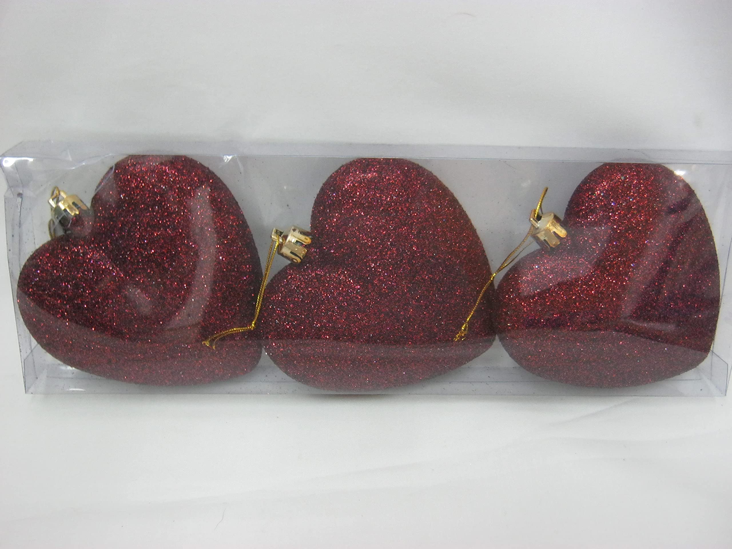 Glitter Hearts Christmas Tree Baubles Pk 3 Wine Red 57197