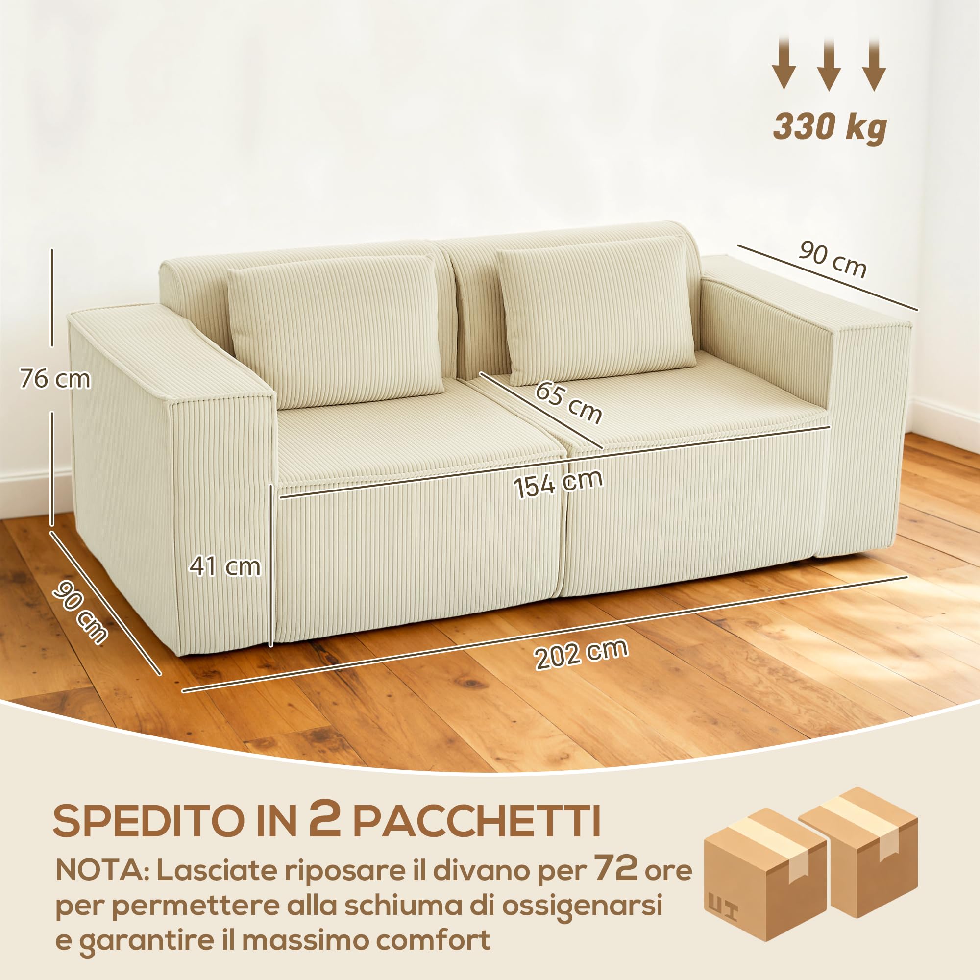 HOMCOM Divano 3 Posti Extra Profondo 65 cm Divanetto Modulare Beige | Senza Struttura, Imbottitura Spessa, Braccioli Larghi, 2 Cuscini, Sofà Moderno in Velluto a Coste, per Salotto e Soggiorno
