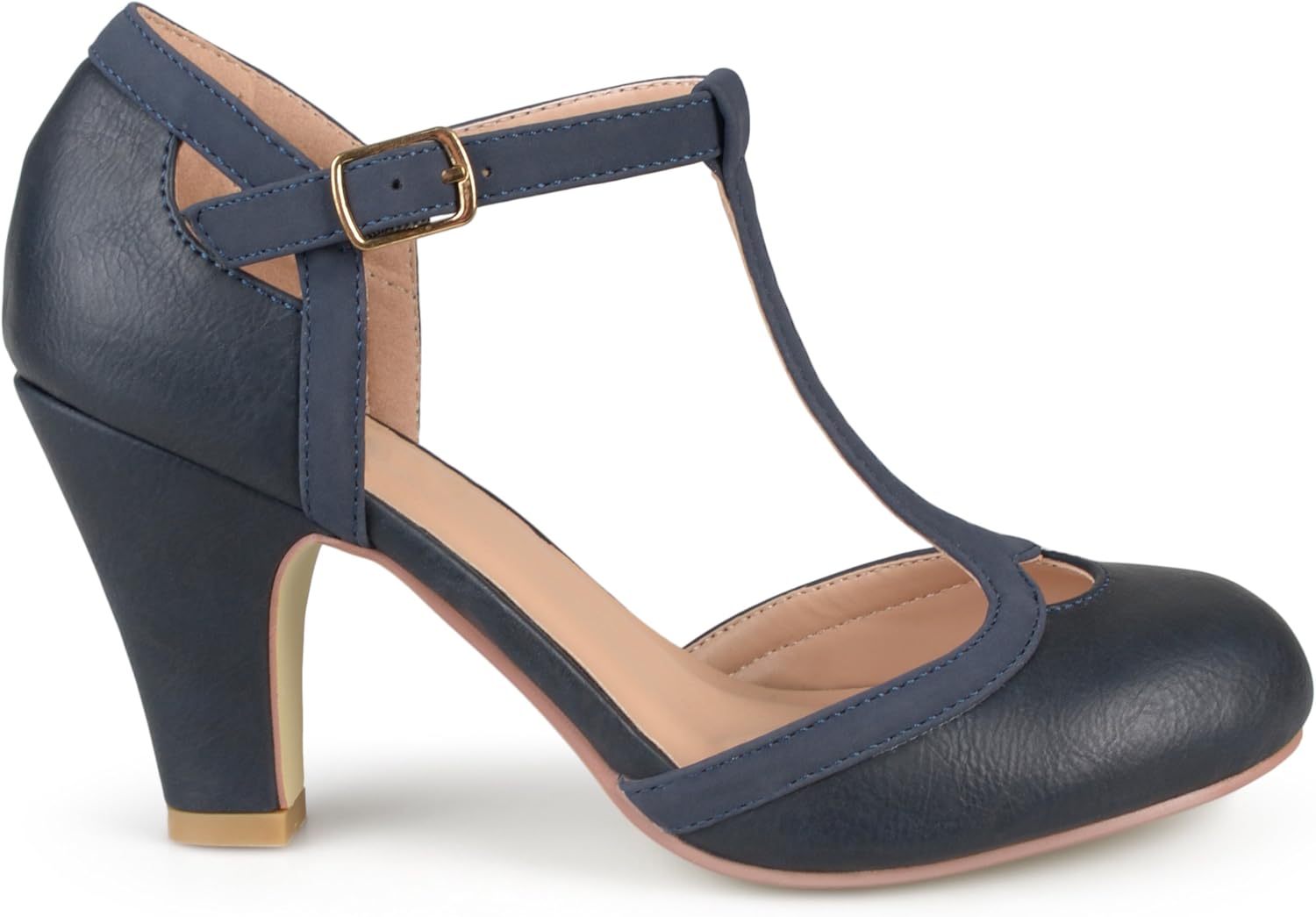 Brinley Co. Womens Cut Out Round Toe T-Strap Two-Tone Matte Mary Jane Pumps Navy, 8.5 Wide Width US