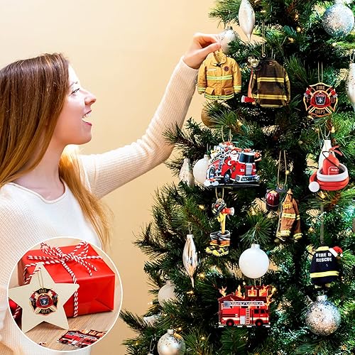 Miniatura 11 de 9 piezas de acrílico para uniforme de bombero, regalo de bombero, árbol de Navidad, camión de bomberos, adorno decorativo para bomberos