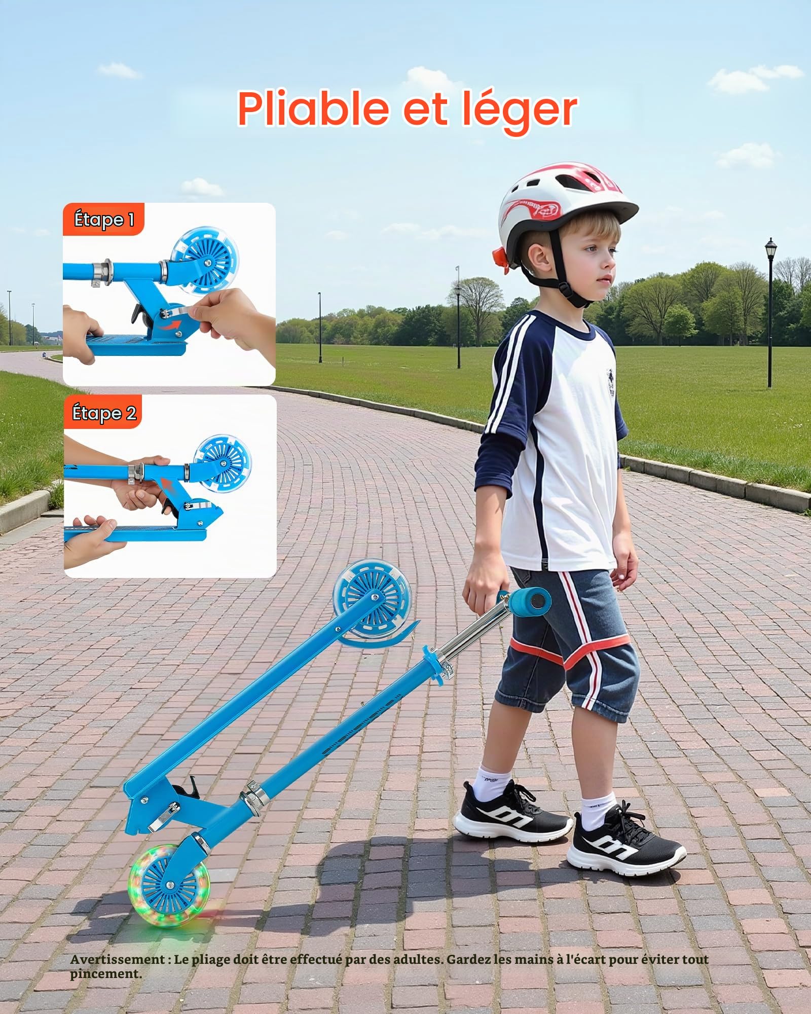 VEVOR Trottinette pour Enfants à partir de 3 Ans, patinette à 2 Roues Lumineuses, Guidon réglable en Hauteur, Large Plateau antidérapant, Cadre léger et Pliable pour garçons et Filles à 50 kg, Bleu