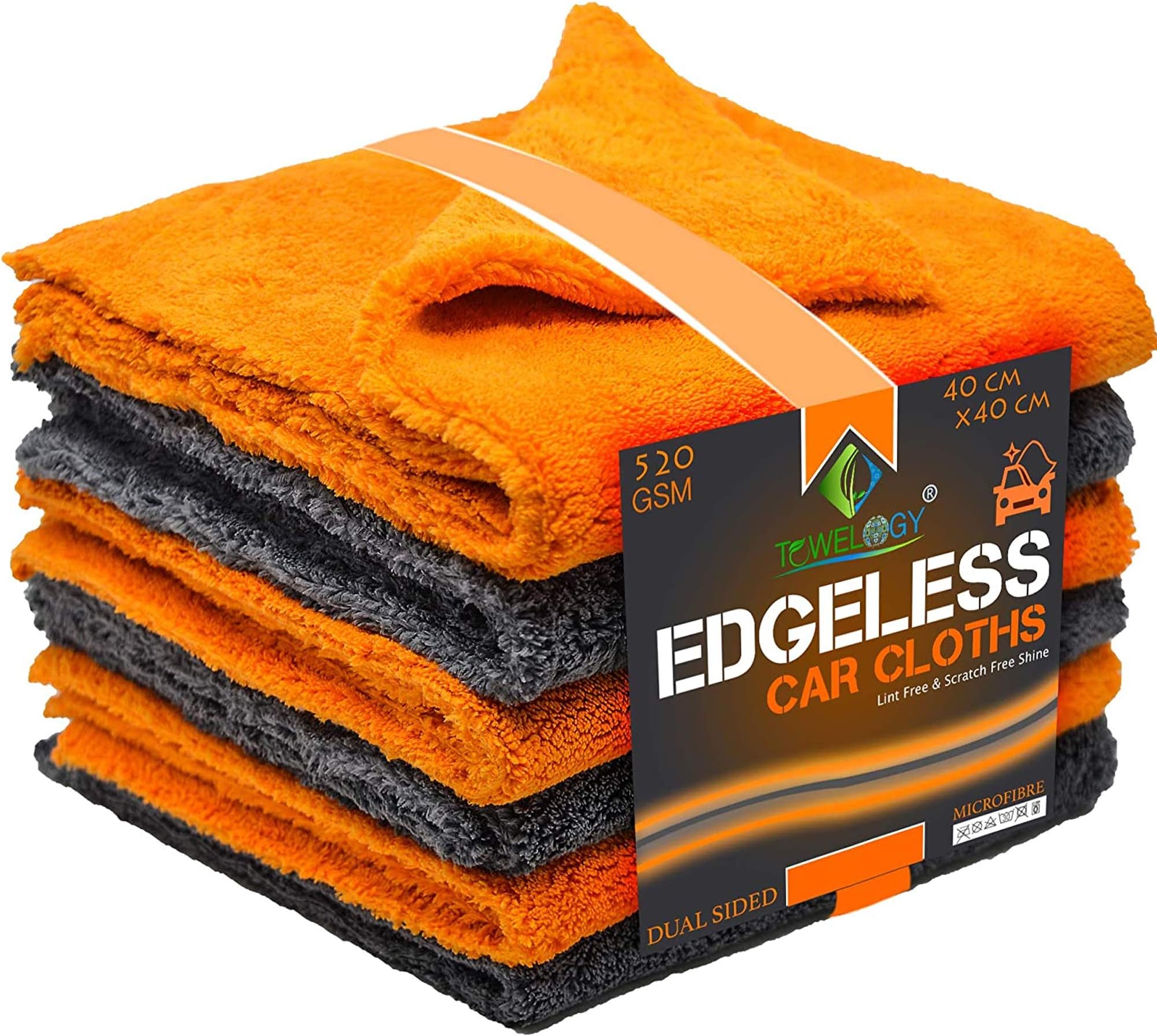 520gsm Professional Microfibre Edgeless Car Cloths QUICK DRY for Auto/Moto Detailing Polishing Washing STREAK FREE & LINT FREE 40x40cm (Grey/Orange, Pack Of 4)