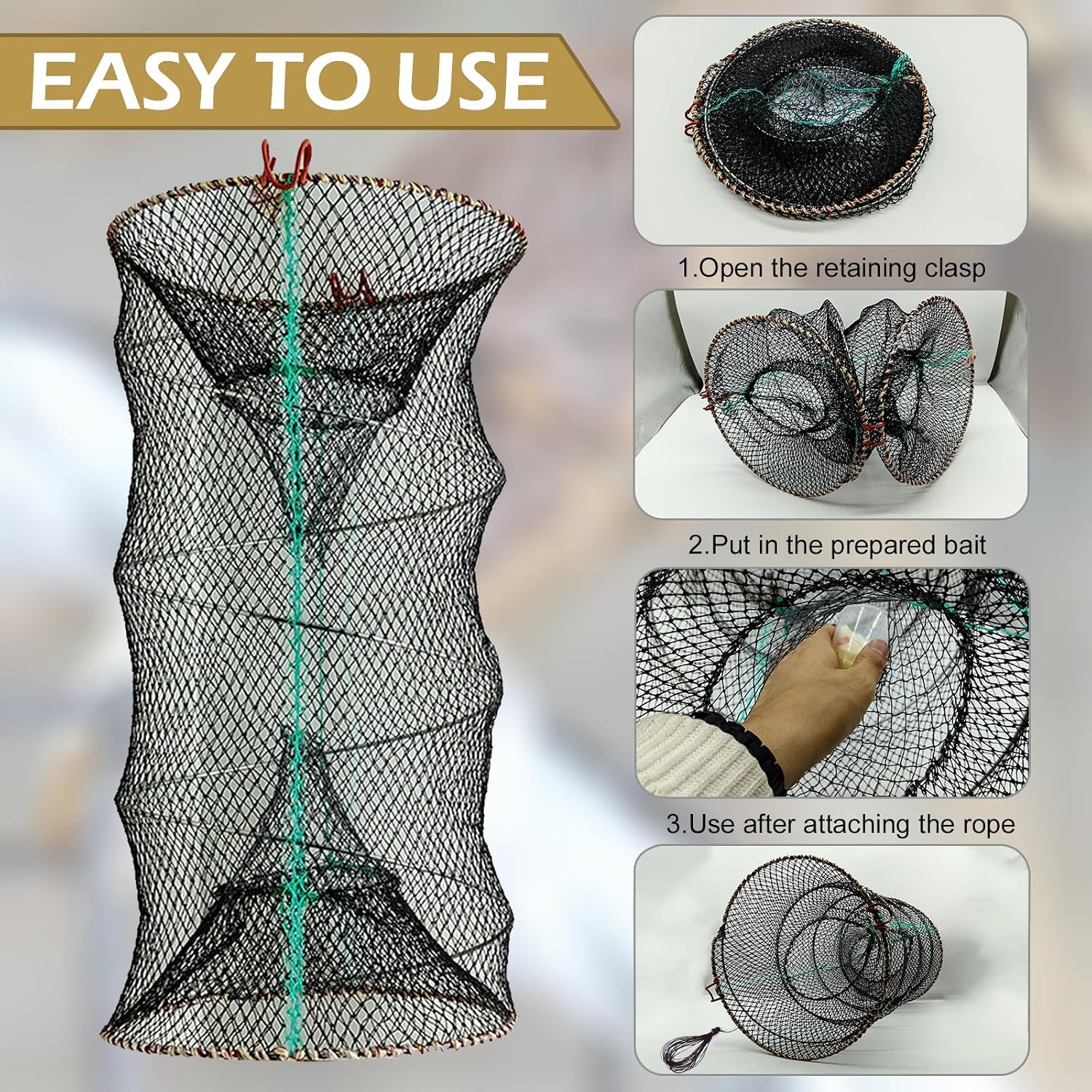 Folded Minnow Trap Crab Trap 23.6in x 11.8in Thicken Fishing Bait Trap with Hand Rope Crawfish Lobster Fishing Net Trap Fishing Accessories, Black