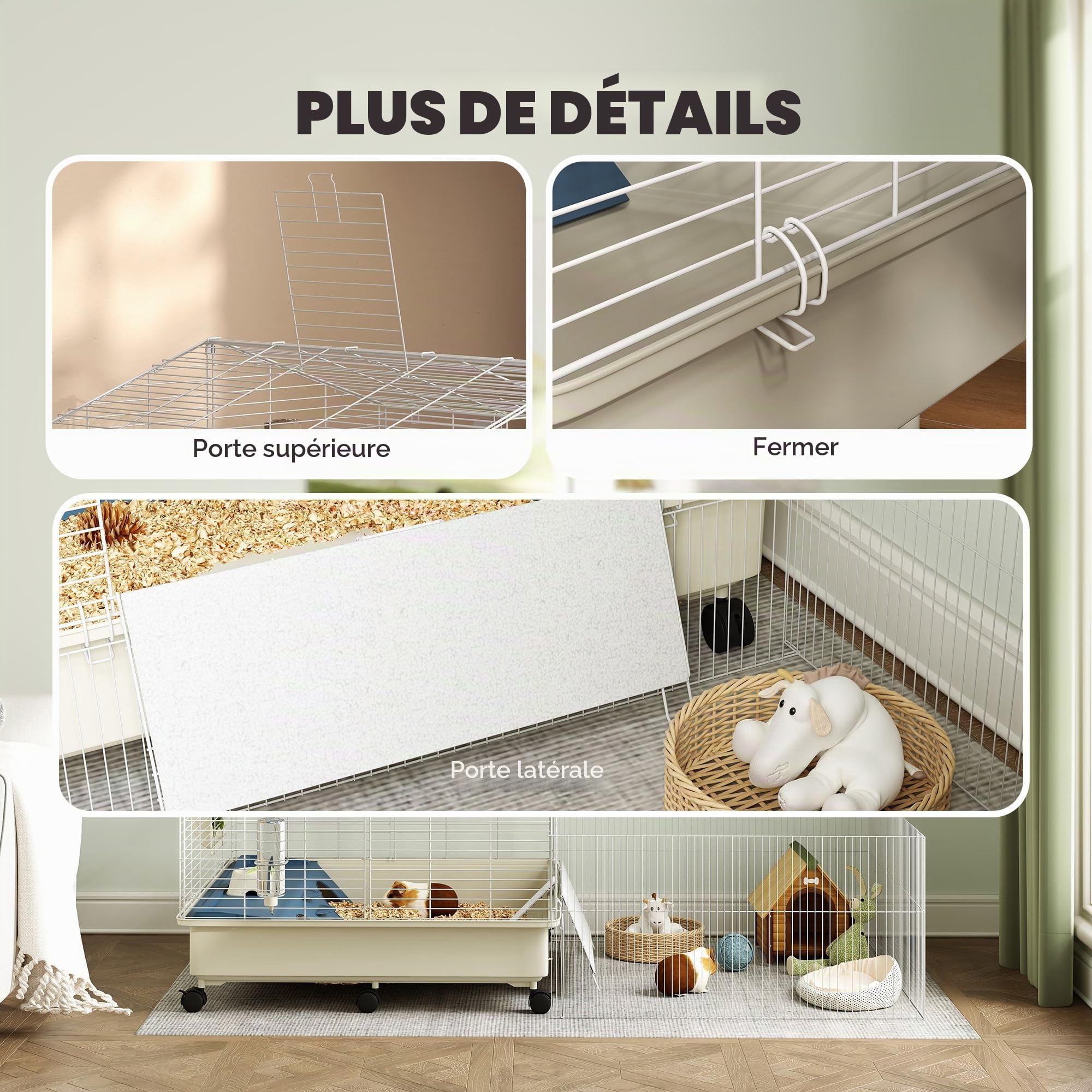 PawHut Cage Petits Animaux avec Parc et Roues, Blanc | Cage petits animaux avec bouteille d'eau, distributeur foin, gamelle, rampe, cage rongeurs, pour cobayes et hérissons