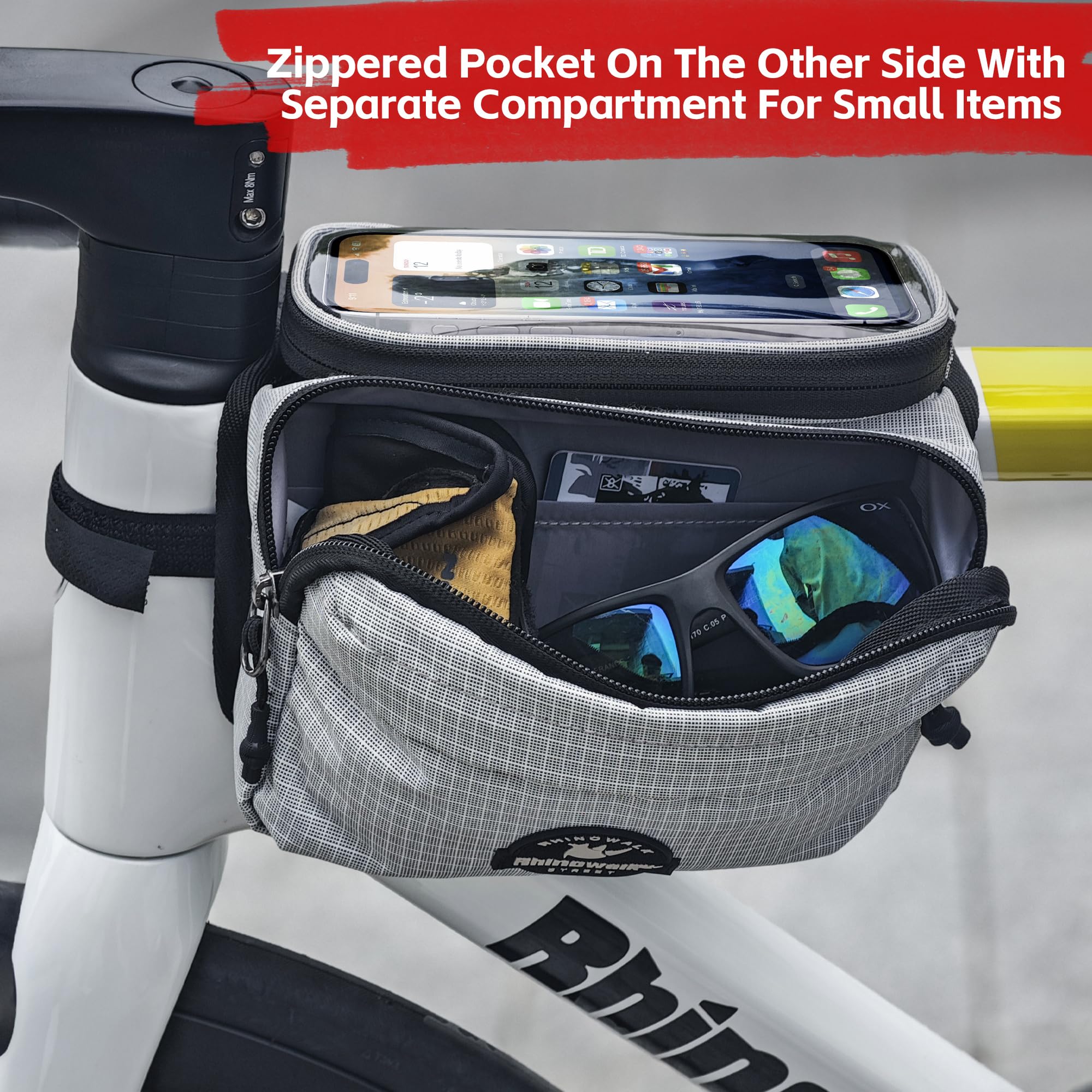 Rhinowalk Fahrrad Rahmentasche mit Handyhalter – wasserdichte Oberrohrtasche mit Regenschutz, Doppelseitige Aufbewahrung mit Reißverschluss & Magnetverschluss, Touchscreen Handyhülle (Schwarz)