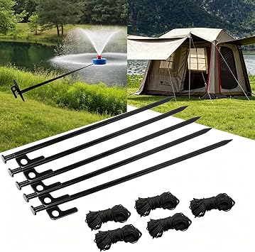 Pond Fountain Aerator Installation Accessories 5 Metal Ground Stakes and 5 101-foot Braided Nylon Guy Ropes with Stakes and Ropes, Suitable for Camping Tents, awnings, and Fountain aerators