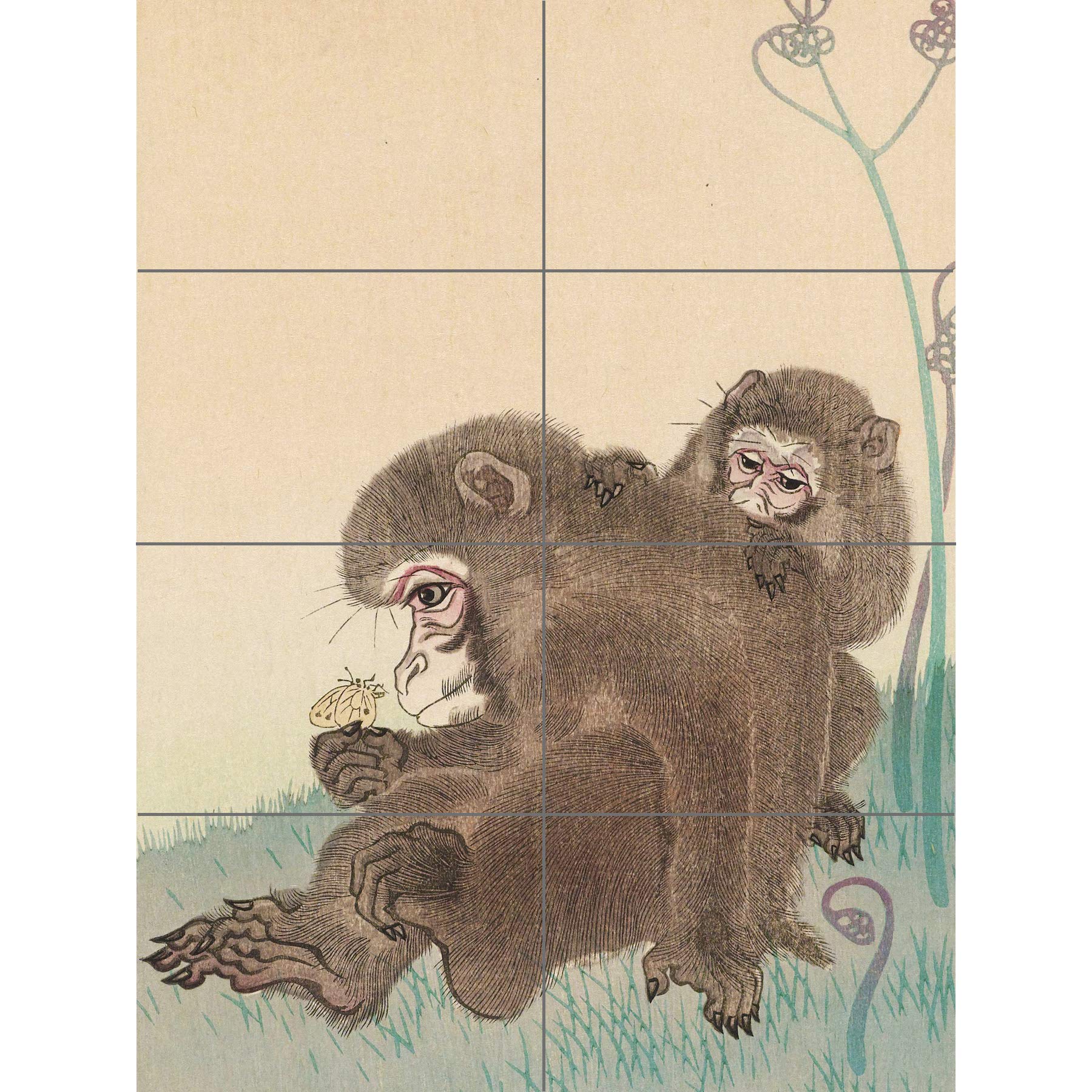 Artery8 Ohara Koson Two Monkeys With Butterfly Painting XL Giant Panel Poster (8 Sections)