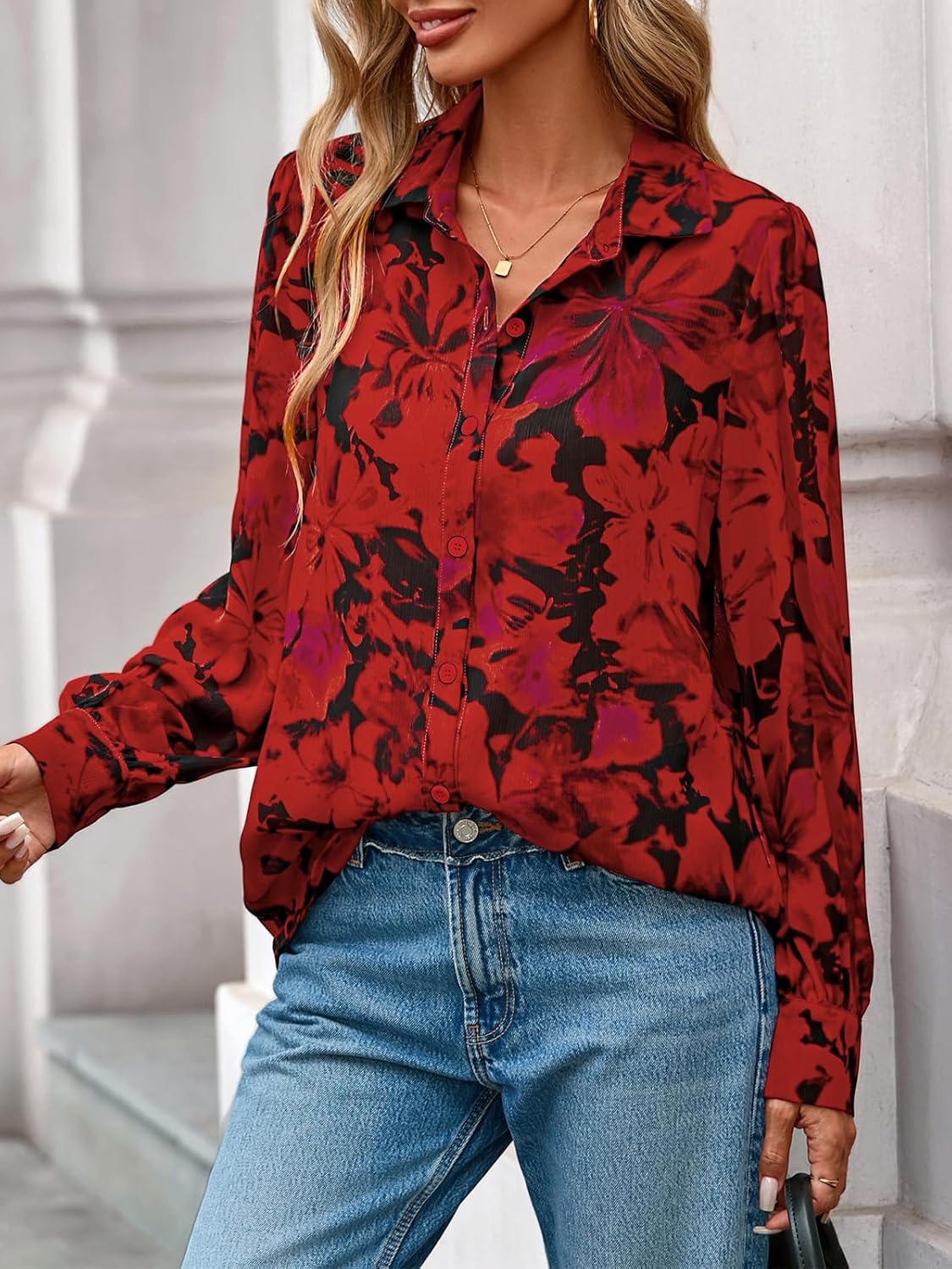 PRETTYGARDEN Women's Floral Blouses Dressy Casual V Neck Button Down Shirts Lantern Long Sleeve Boho Chiffon Spring Tops 2026 - Image 6