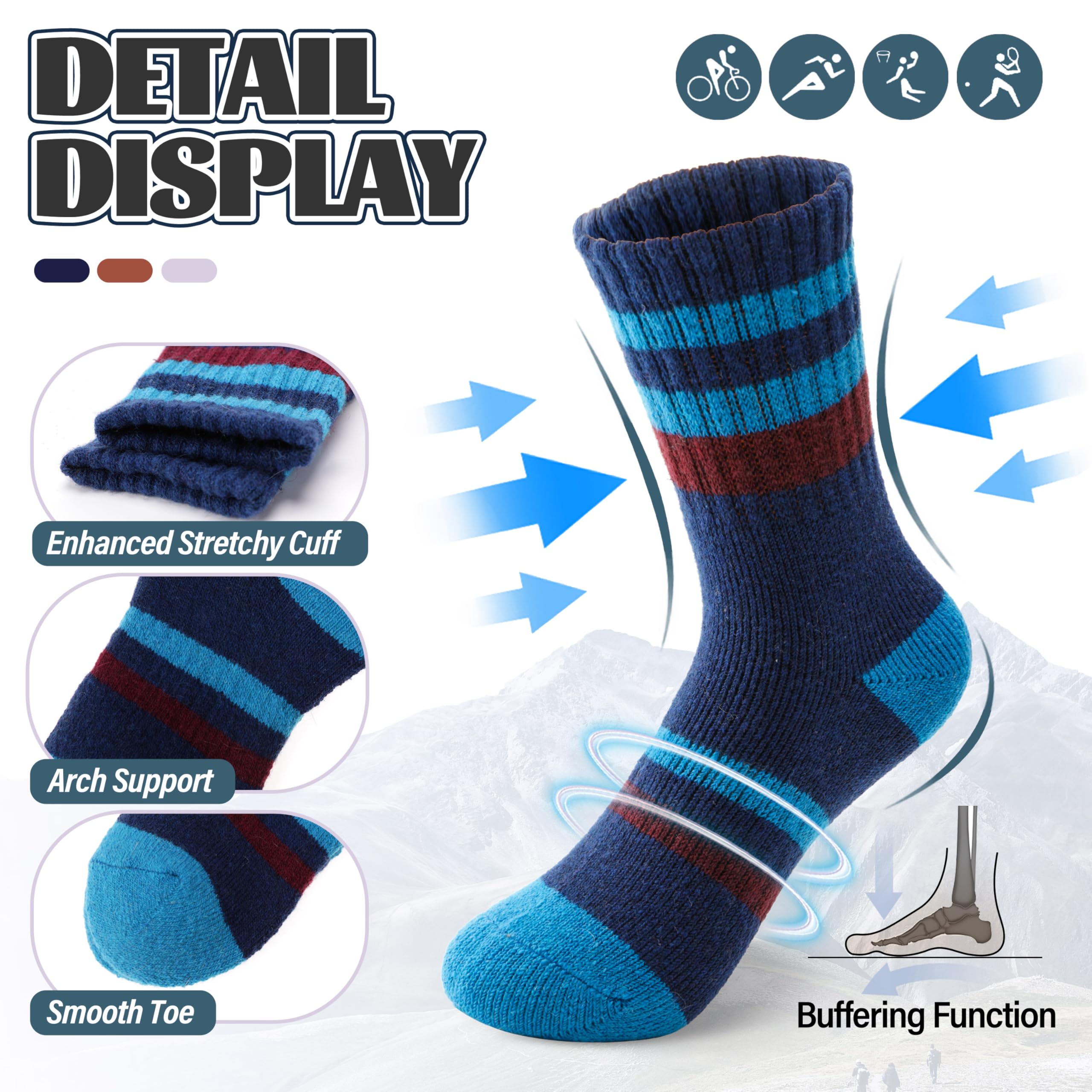 Anlisim Kinder Kinder Merino Wandersocken Jungen Mädchen Wolle Socken Warme Sportsocken Dicke Thermosocken Trekking Wintersocken Socken Kinder Weihnachtssocken Geschenke 6 Paare(Streifen,1-3 Jahre)