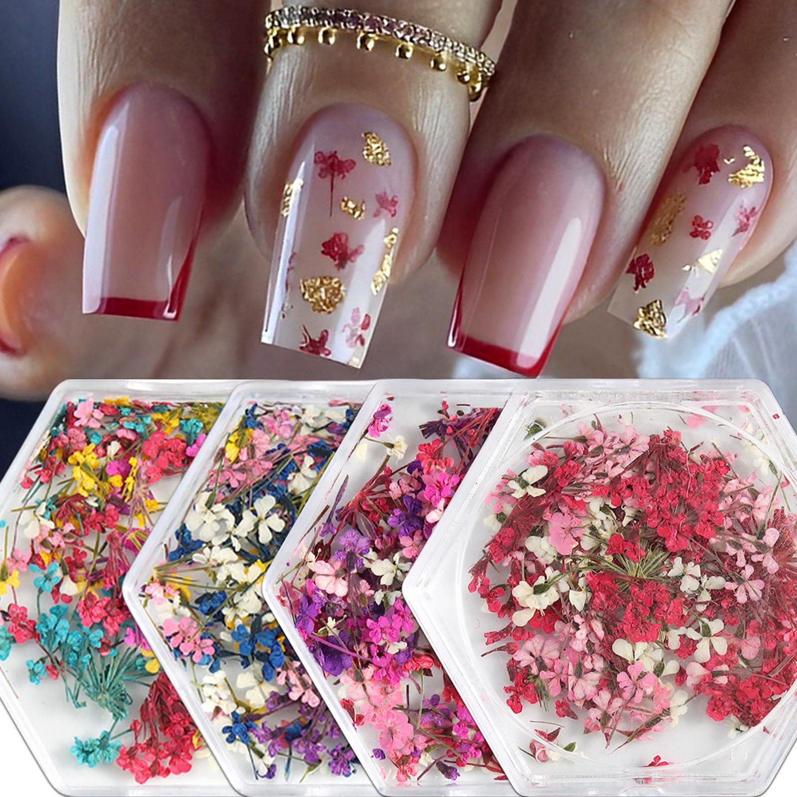 4 Boxes 3D Dried Flowers Nail Art Stickers Natural Dry Flowers Nail Stickers Decals Mix Tiny Floral Petals Colorful Flower for Nails Crafts for Women DIY Manicure Decorations
