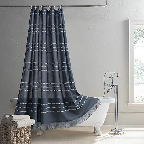 Colin - Cortina de ducha de color gris bohemio de hilo teñido a rayas, impermeable, hecha a mano, borlas, borde de flecos, color gris, para baño, 72