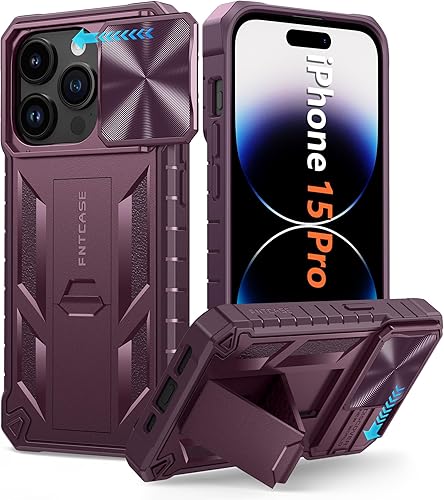 Miniatura 1 de FNTCASE Funda para iPhone 15 Pro protección contra caídas y golpes de grado militar con soporte y tobogán  Protección resistente con textura de