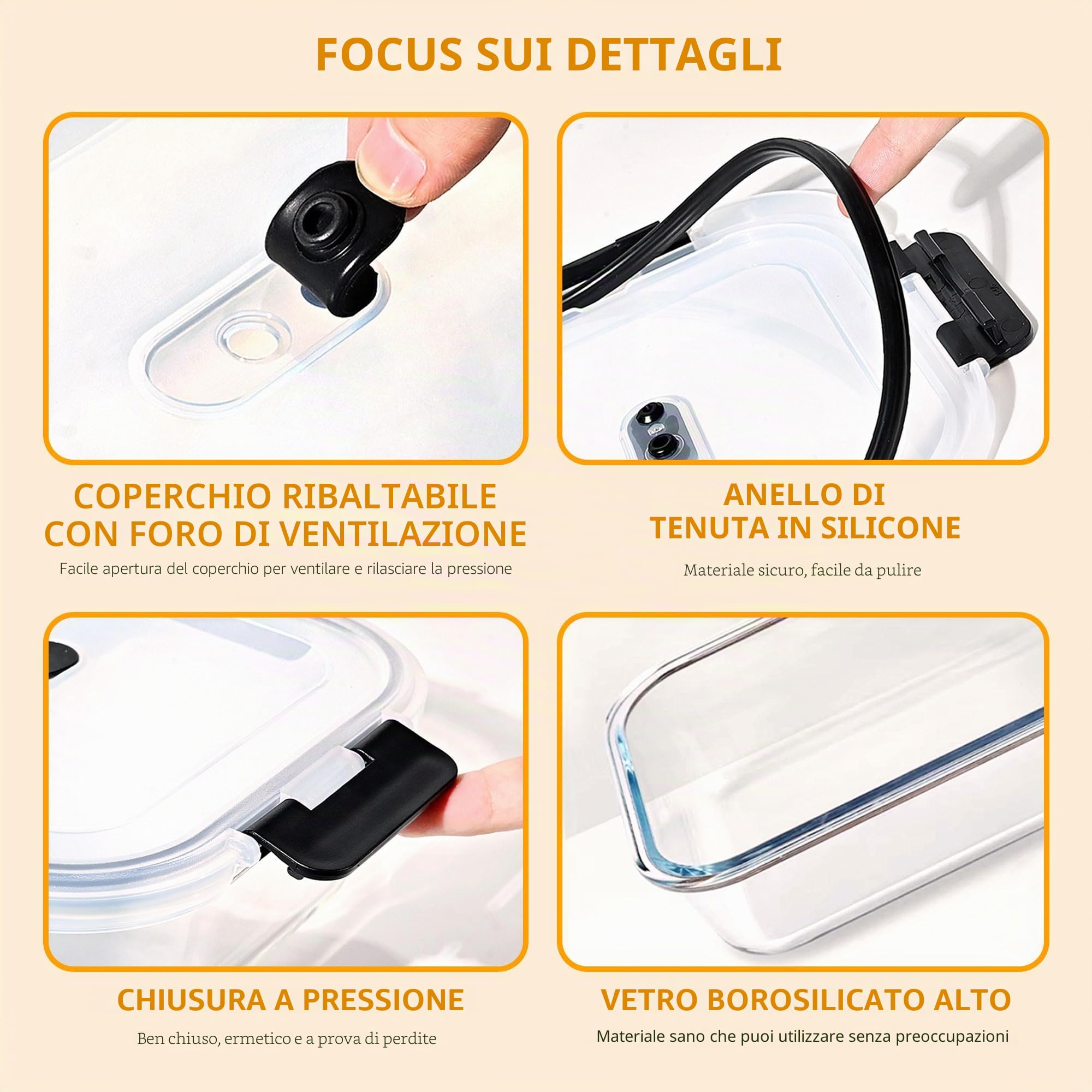LNWSN Set contenitori per alimenti, 8 contenitori per alimenti in vetro da 640 ml con bottoni a pressione su tutti e quattro i lati, contenitori riutilizzabili ideali per picnic all'aperto