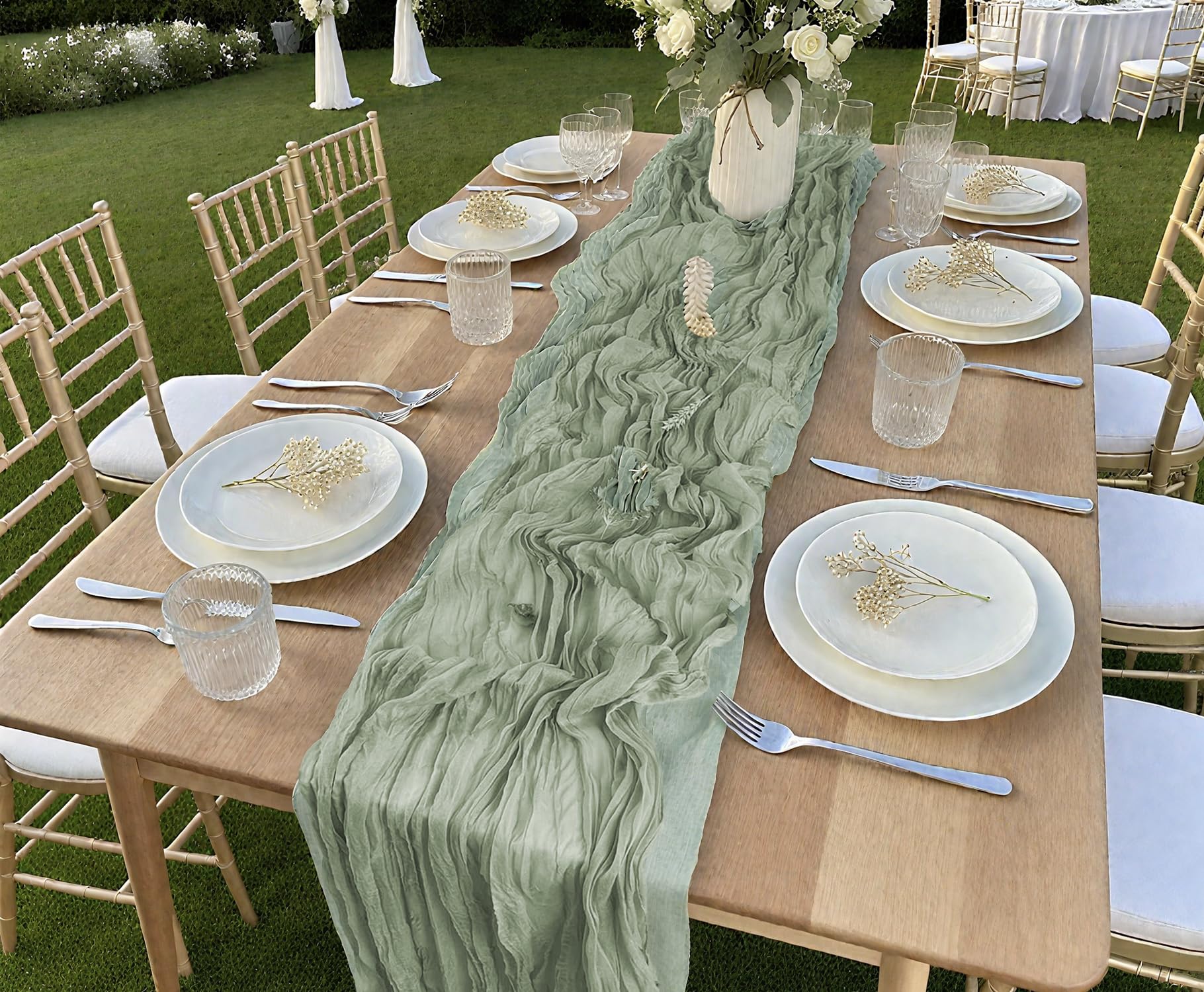Confezione da 16 runner da tavola in garza bohémien, 50,8 x 304,8 cm, decorazione da tavolo per matrimoni, addio al nubilato, feste di compleanno, runner lungo romantico (verde salvia)