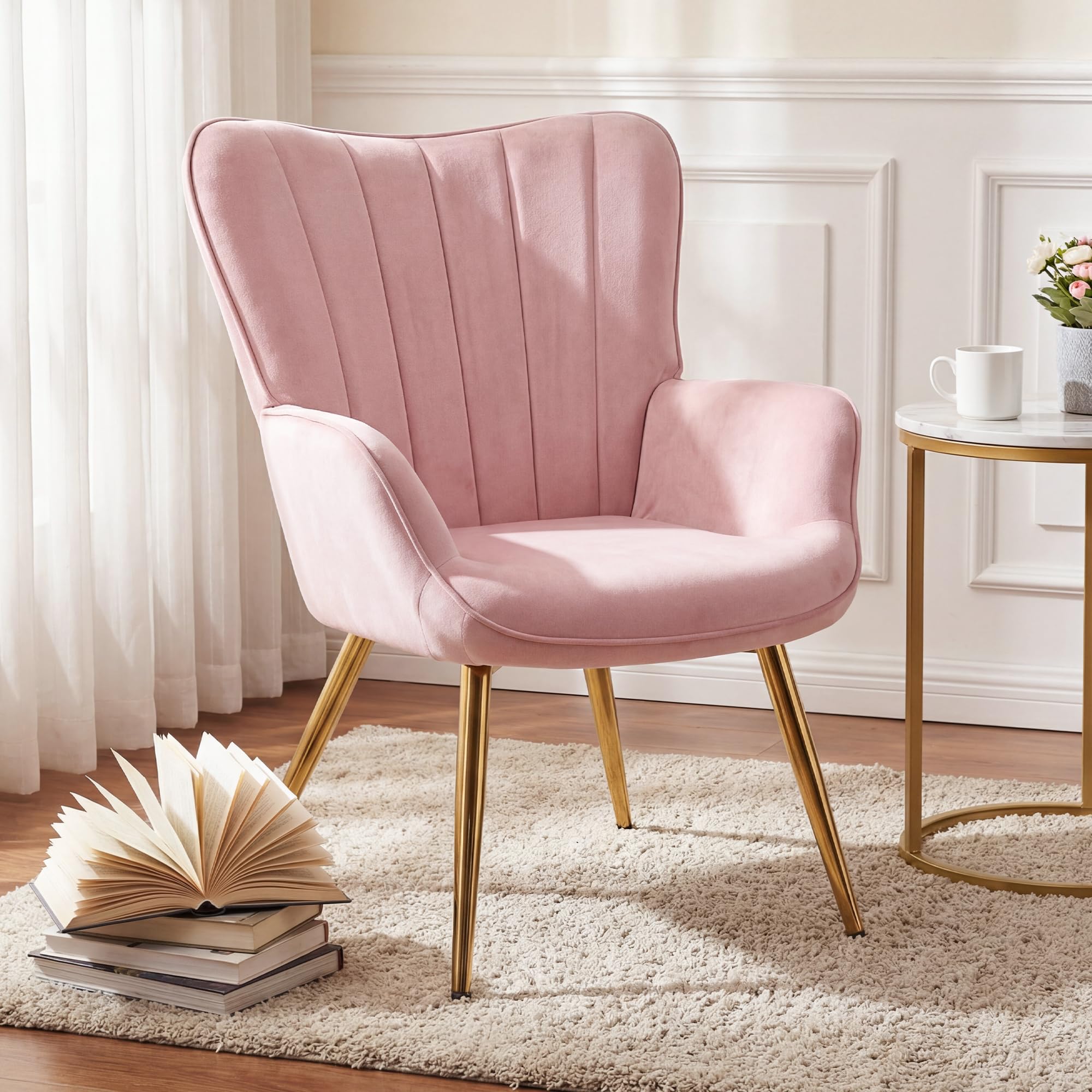 BonVache Modern Armchair, Wing Back Accent Chair with Ottoman, Lounge Chair for Living Room Bedroom and Office, Pink