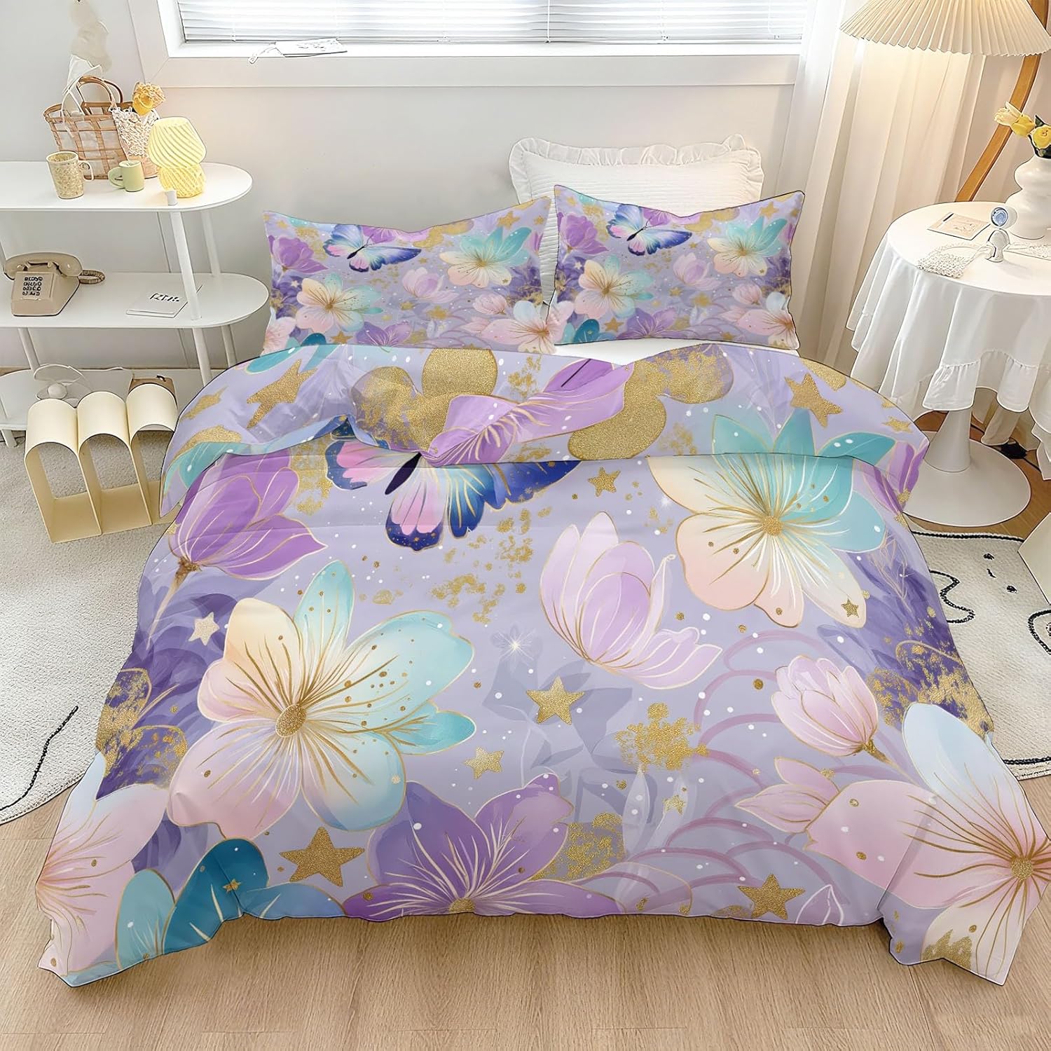 Reversible Duvet Cover Set Watercolor 3D Flower Star Butterfly Print Soft & Breathable Light Purple Microfiber Comforter Cover Set for Kids Teens Room Decor, Twin Size Bedding Set with Zipper Closure