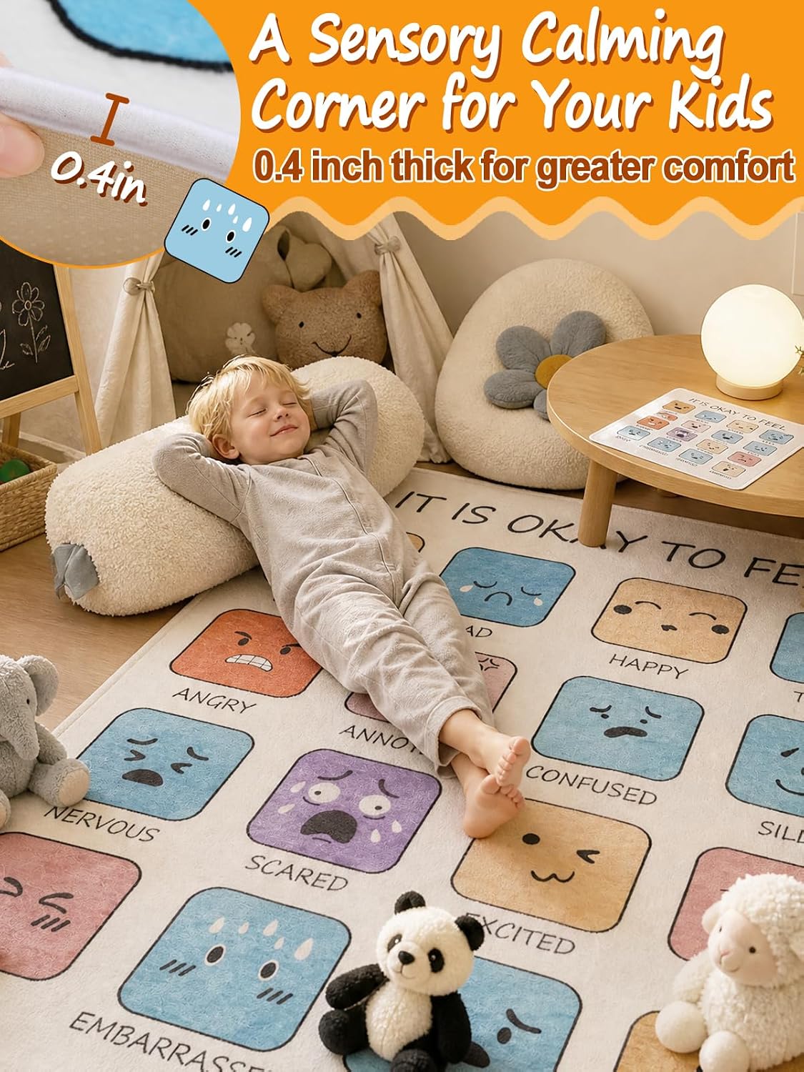 Aulock 39.5'' x 48'' Calm Down Corner Supplies Classroom Rug - Non-Slip Backing with 8 Grippers, Feelings Chart Theme Kids Reading Rug for Playroom Nursery Teacher Classroom Decor