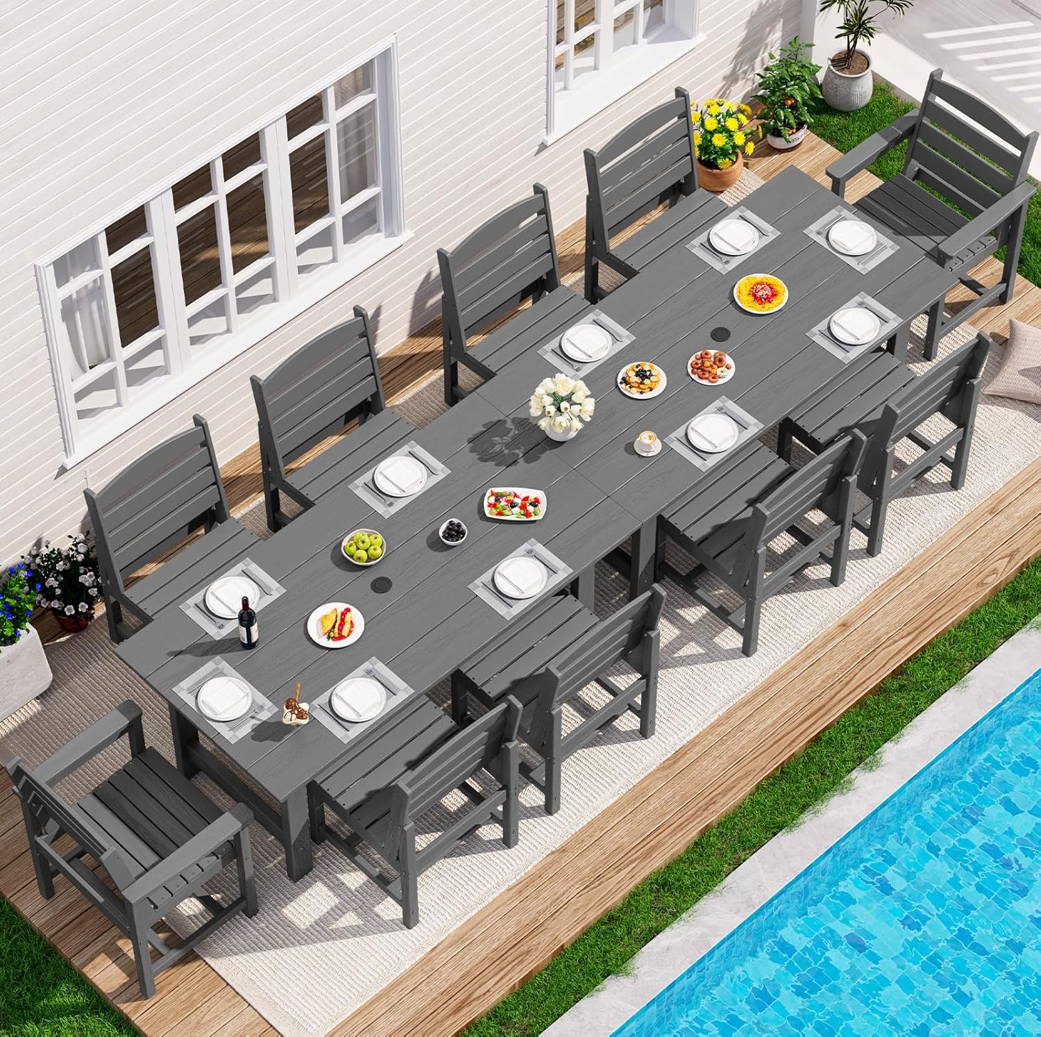 SERWALL 12-Piece HDPE Patio Dining Set for 10, 2 Tables 8 Armless & 2 Armed Chairs, Gray All-Weather Outdoor Furniture