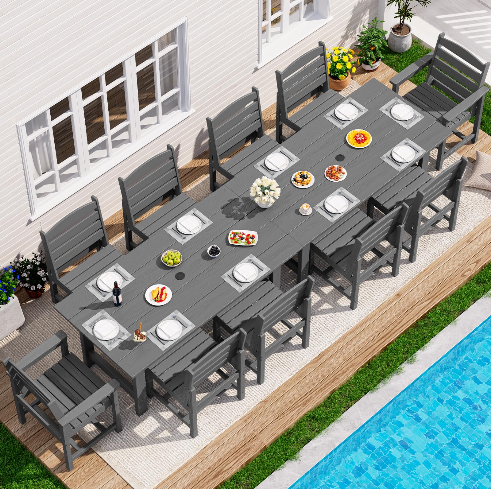 SERWALL Patio Dining Sets for 10 Person, HDPE Dining Set with 2 Tables, 8 Armless Chairs and 2 Armed Dining Chairs, Gray