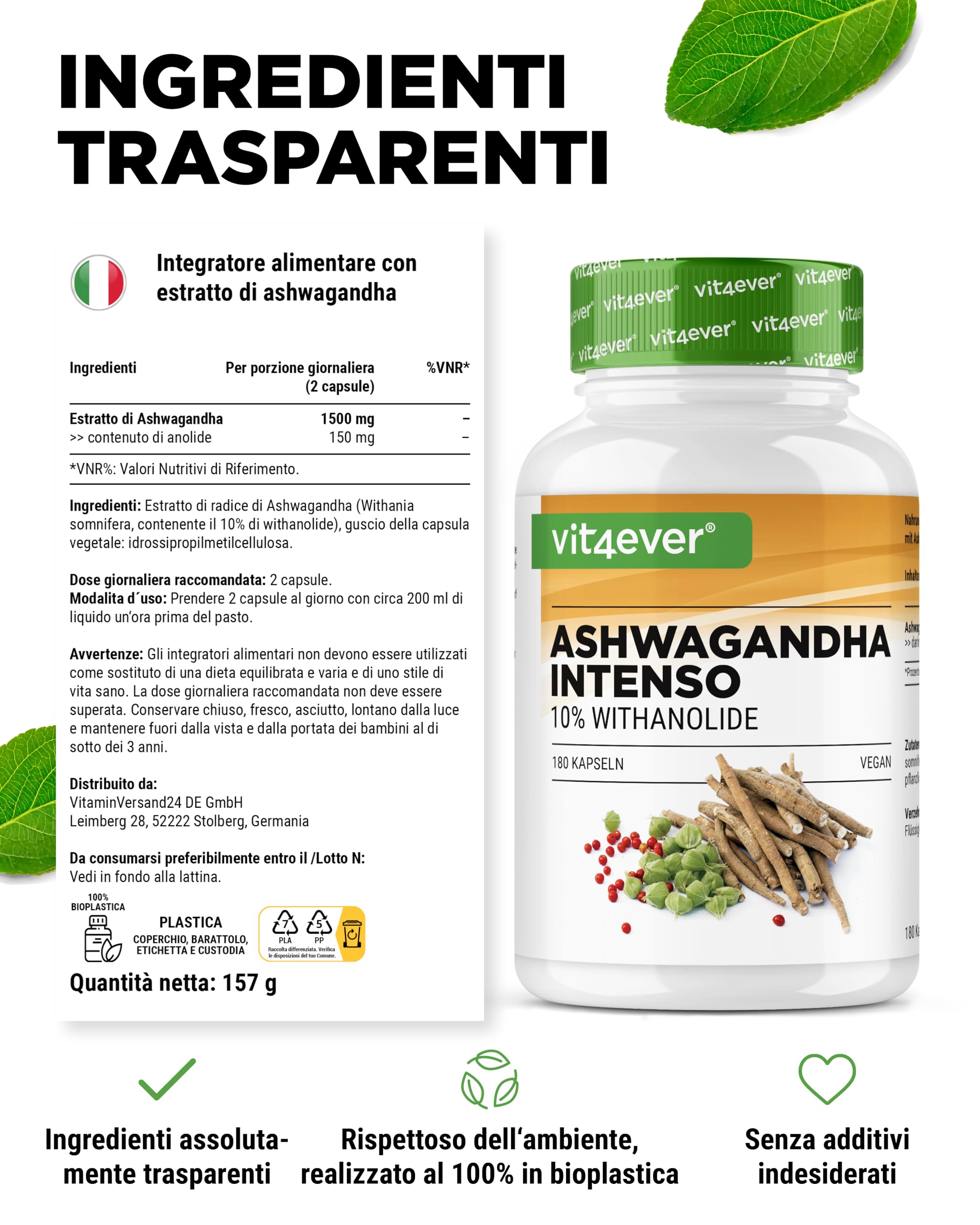 Ashwagandha - 180 capsule con 750 mg di estratto puro - Premium: 10% withanolidi - Alta purezza - Vegan - Altamente dosato - Qualità premium