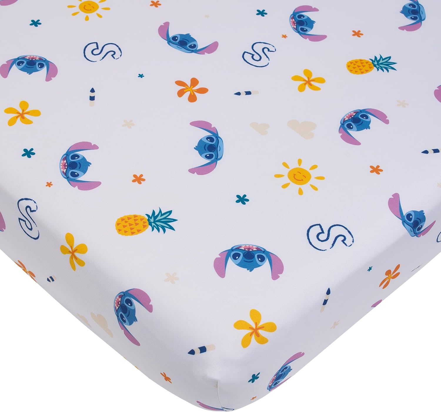 NoJo Disney S is for Stitch 4 Piece Toddler Bed Set Includes a Comforter, Fitted Bottom Sheet, Flat top Sheet, and Reversible Pillowcase. Features Fun and Playful Stitch in a Tropical Pattern