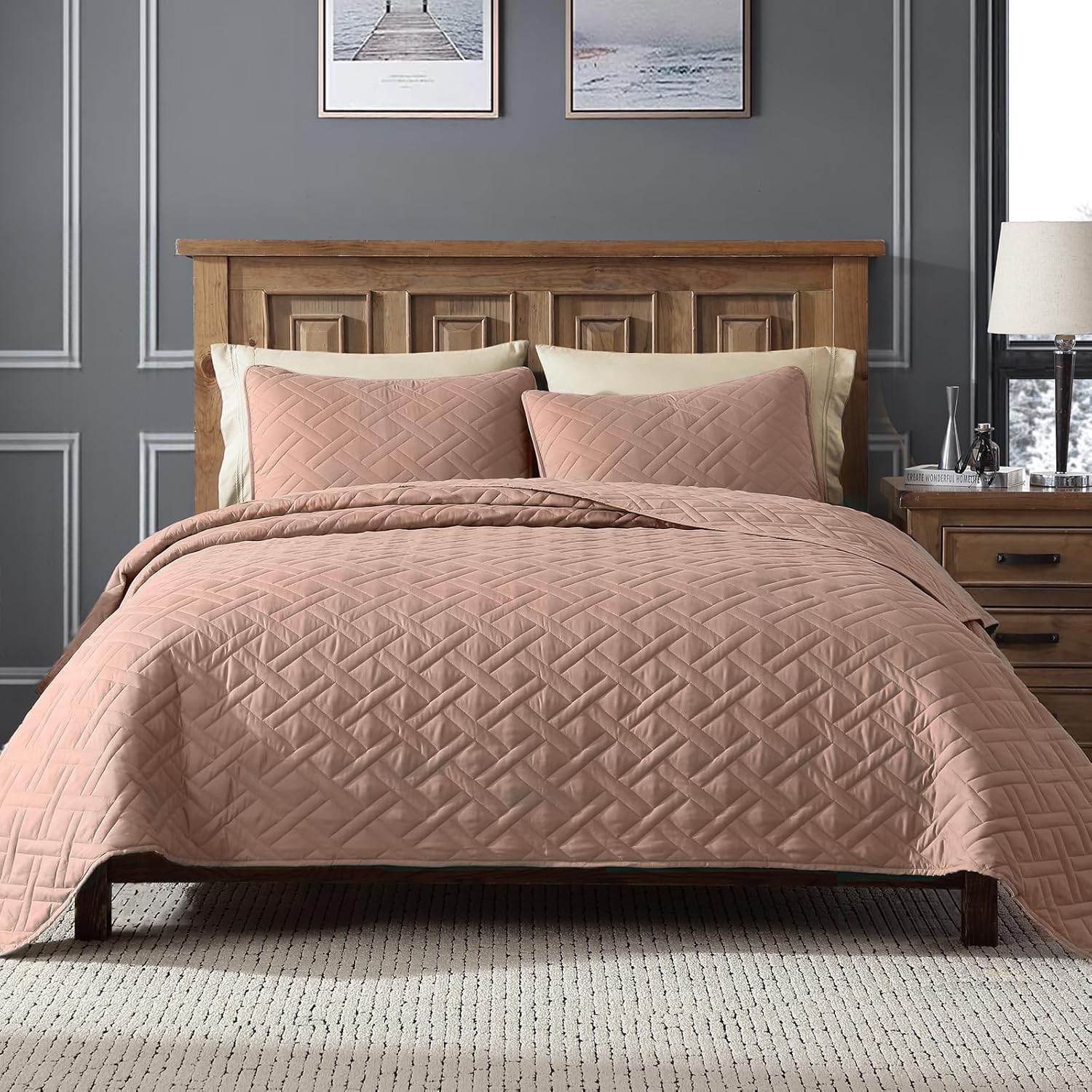 ClevaHome Twin Quilt Set for Sandy Brown Bedspreads, Ultra Soft Lightweight Coverlet, Modern Diamond Pattern Quilt for All Seasons – 2 Piece Set (1 Quilt, 1 Pillow Sham)