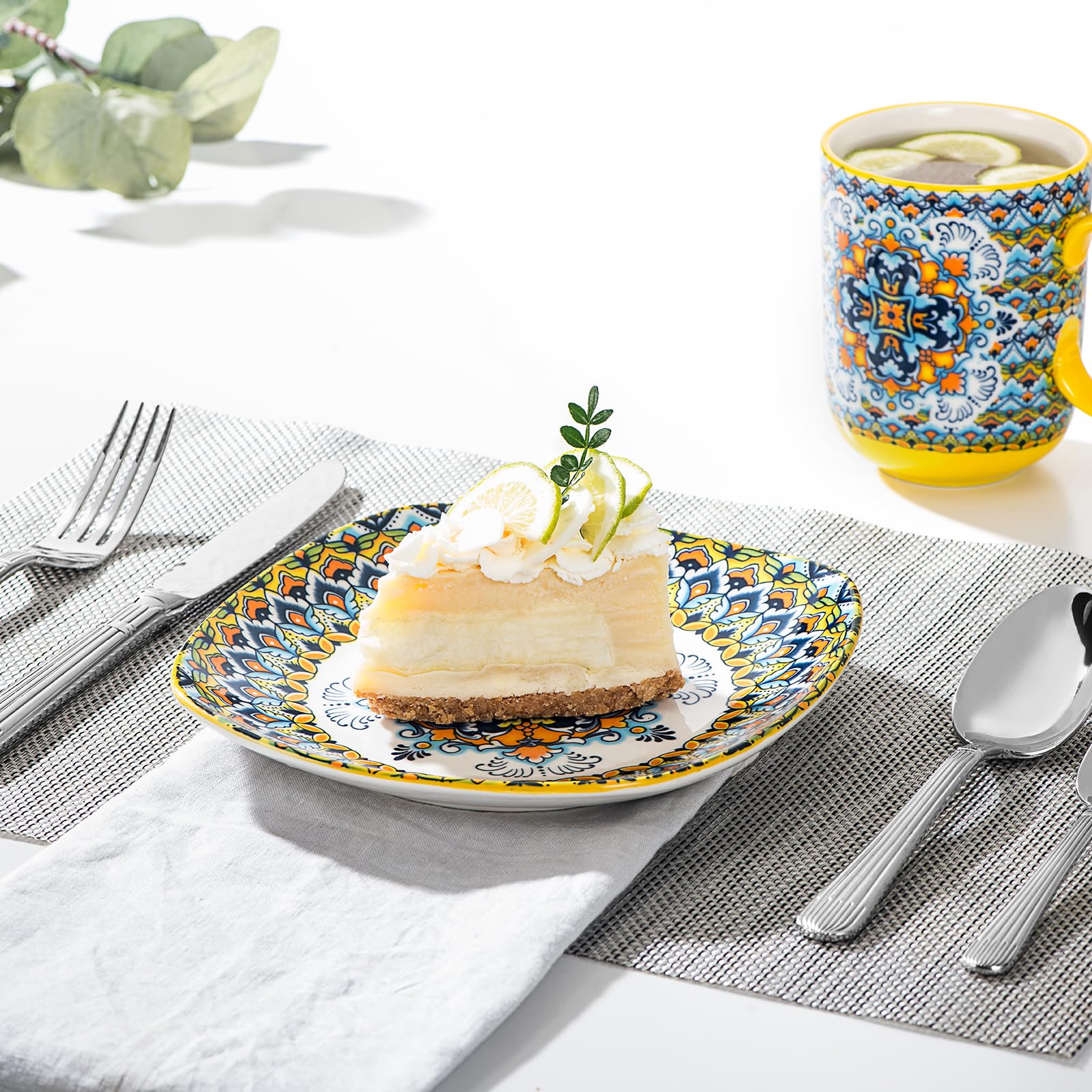 HENXFEN LEAD Dessertteller & Vorspeisenteller Porzellan, 18cm Quadratischer Salatteller 6er Set, Bunte Teller Set für Vorspeisen, Salat und Desserts - Bohemian Style