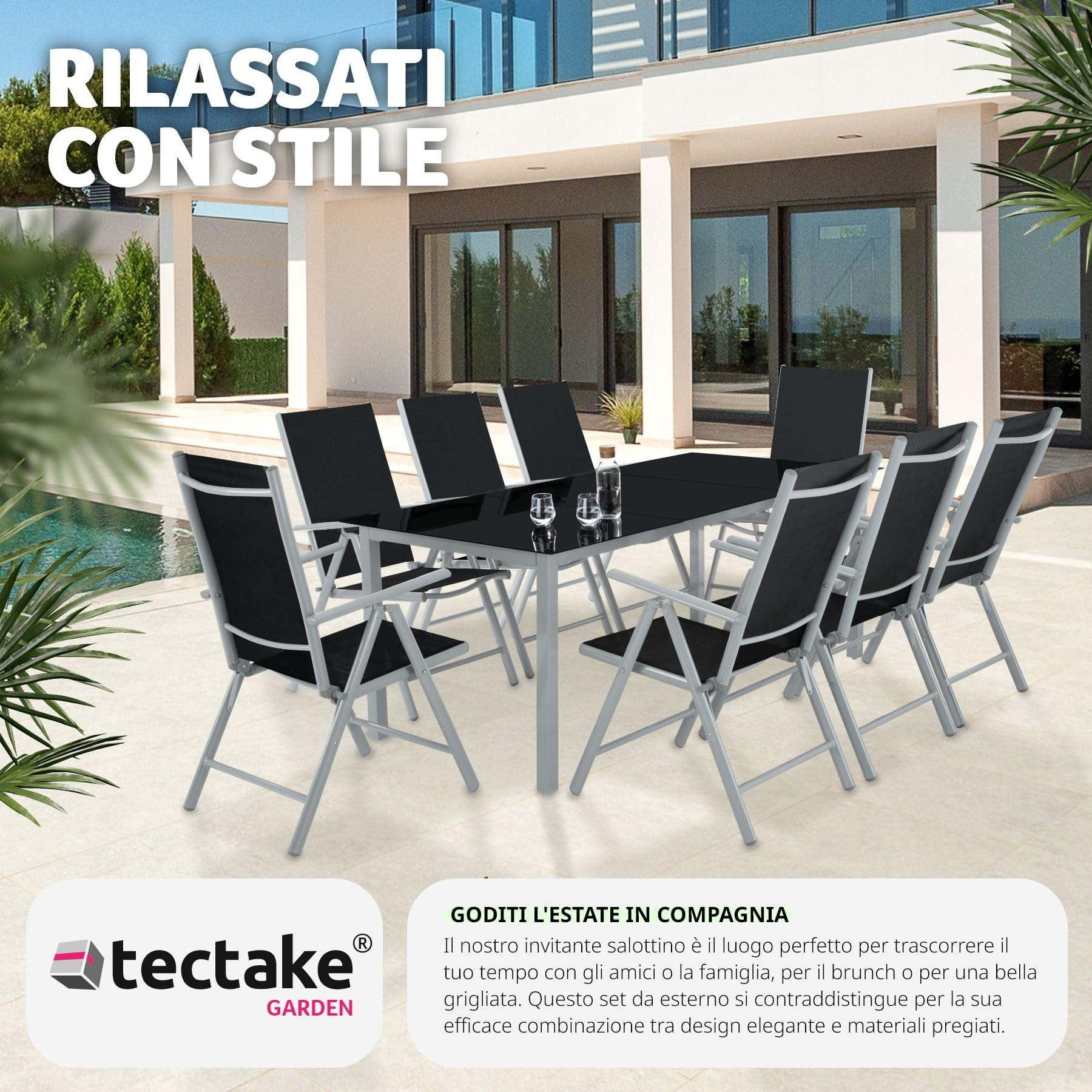 Tectake Set mobili da giardino tavolo massiccio con lastra di vetro di sicurezza telaio alluminio 8 sedie confortevoli grigio chiaro