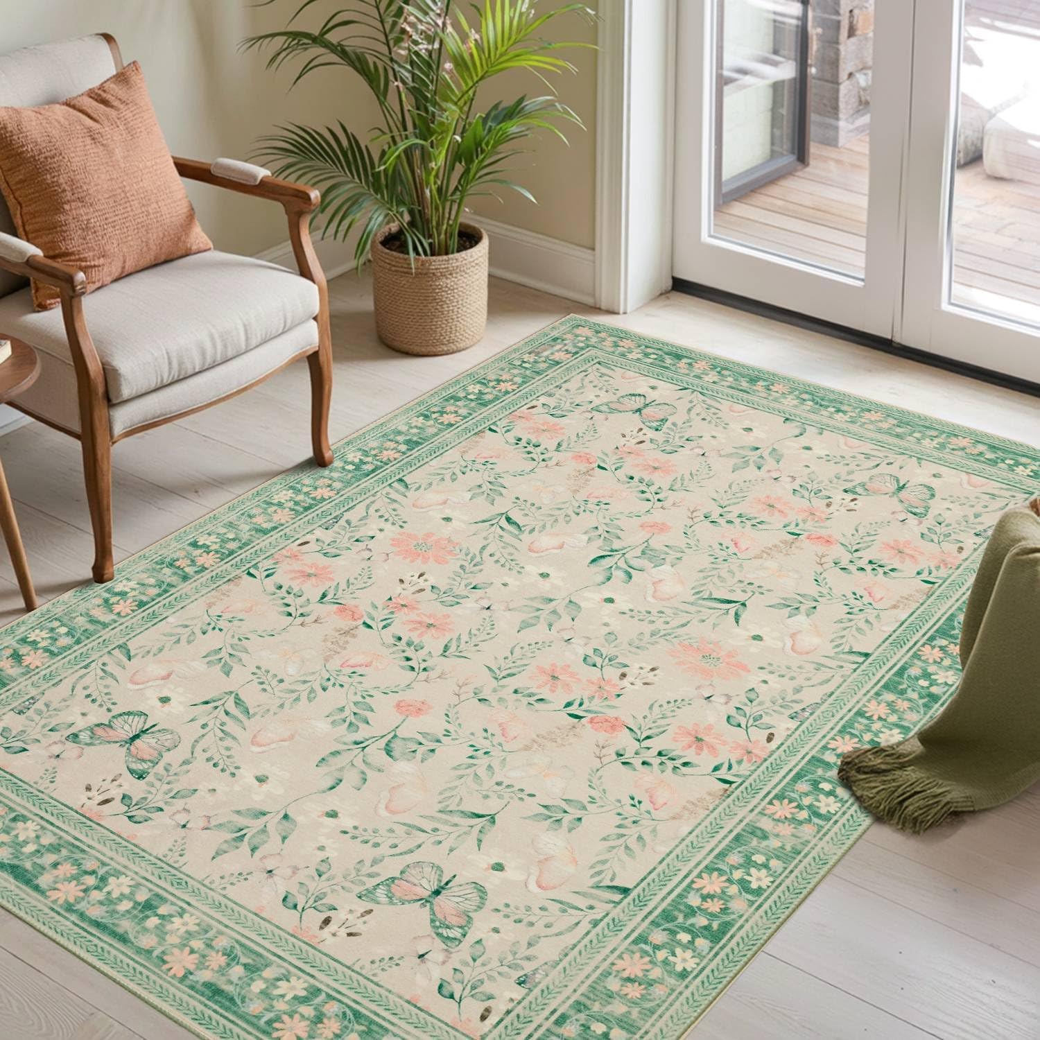 Entryway Rug, 3x5 Washable Area Rug, Green Vintage Boho Throw Rugs, Non Slip Low Pile Small Carpet for Bedroom, Girls Kids Room and Nursery Room(Sage Green 3x5ft)