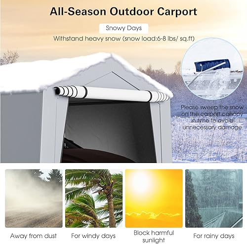 Miniatura 9 de Tangkula Cochera resistente de 10 x 20 pies, garaje portátil al aire libre con vigas triangulares reforzadas, marco de acero galvanizado, toldo de