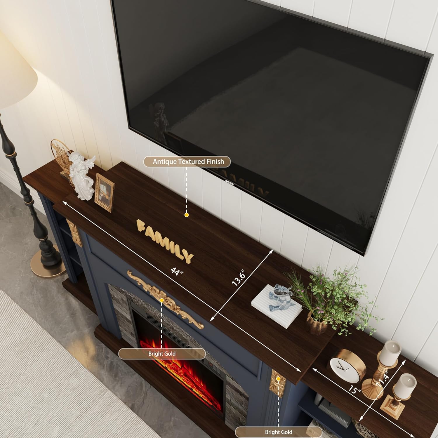 BLANKSPACE 72" Fireplace TV Stand with Storage, Blue Fireplace Mantel with Gold Carved Accents,23 Inch Red Brick Insert Electric Heater, Fits TVs up to 80 Inch
