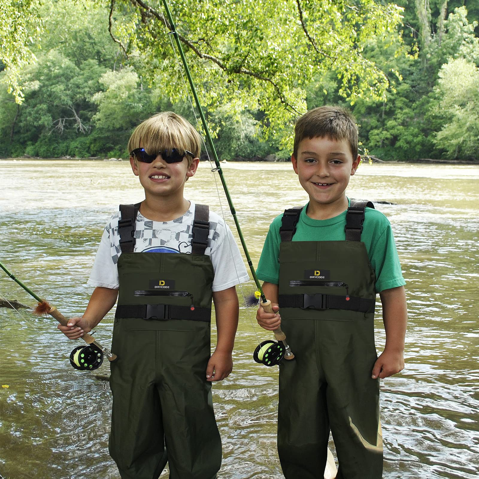 DRYCODE Kids Waders with Boots, Waterproof Youth Waders for Toddler & Children, Nylon/PVC Chest Wader for Fishing/Hunting